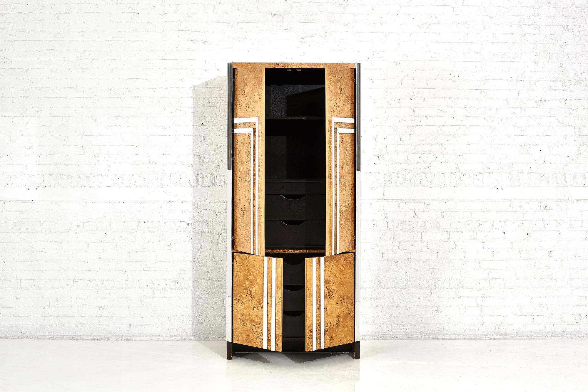 Burlwood and chrome armoire dresser by Pace Collection. Designed by Leon Rosen. Italy 1970’s.