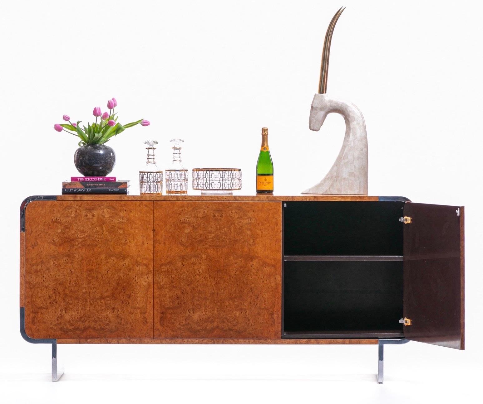 Pace Burl Wood and Chrome Credenza by Leon Rosen, circa 1974  For Sale 4