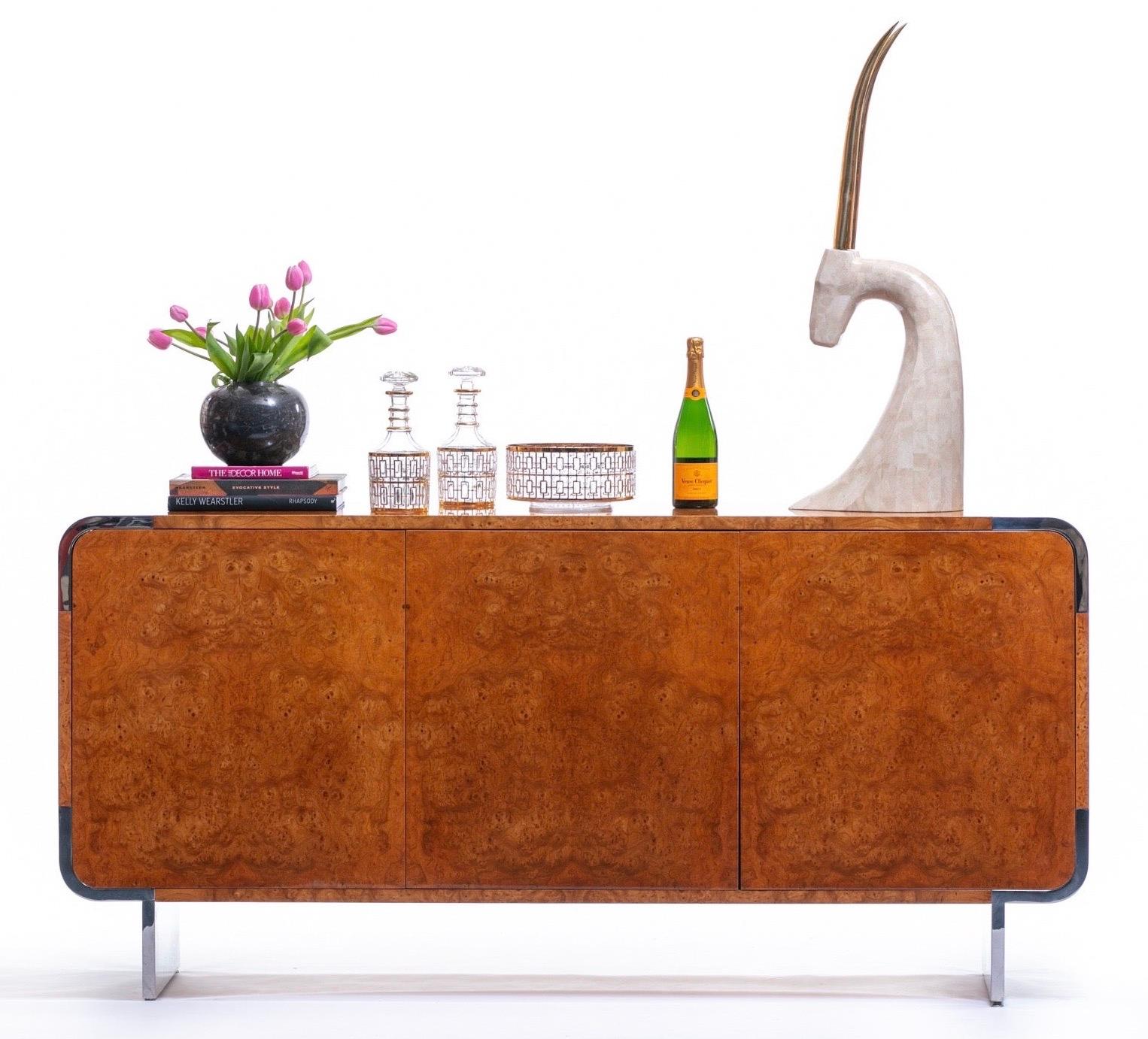 Pace Burl Wood and Chrome Credenza by Leon Rosen, circa 1974  For Sale 5