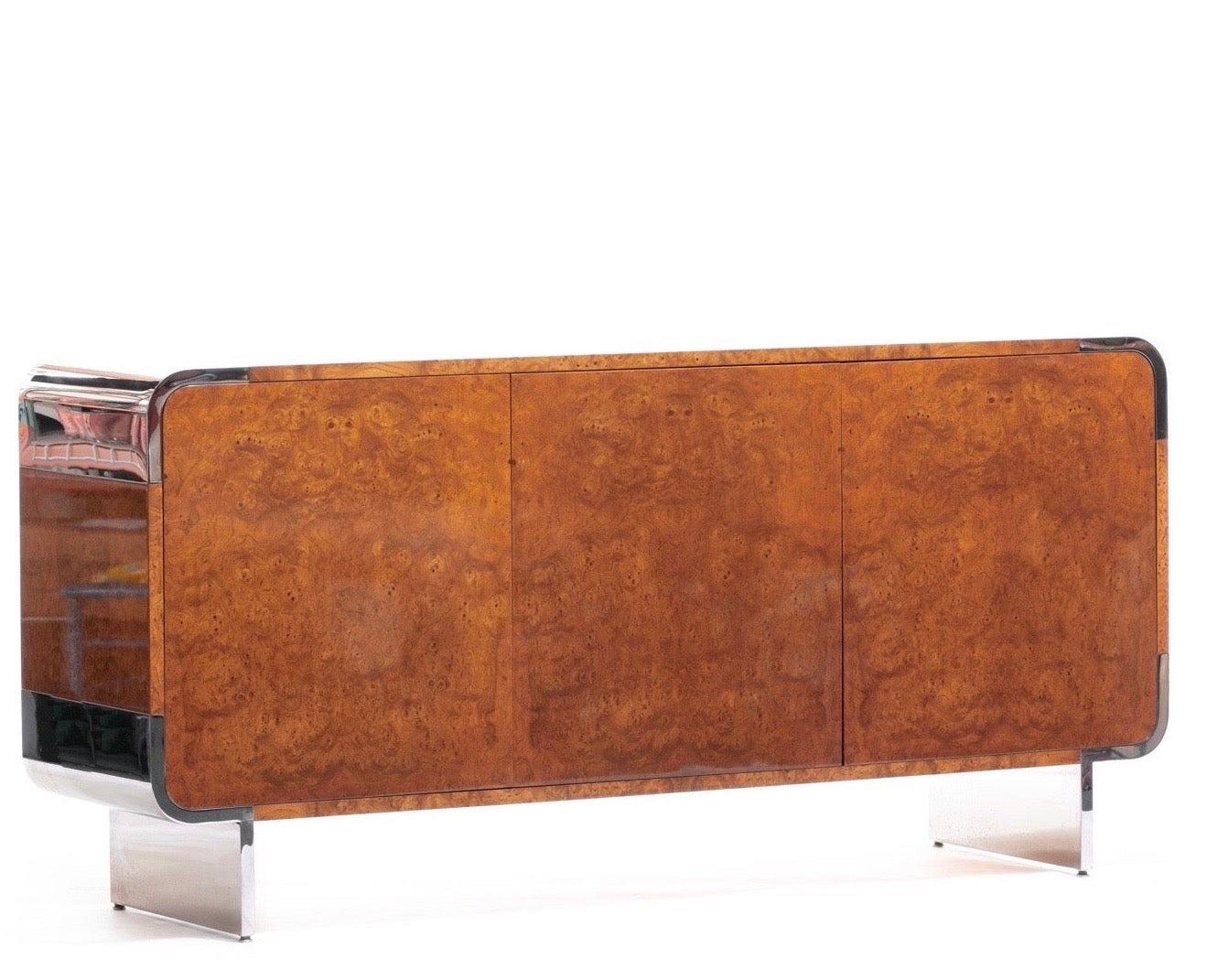 American Pace Burl Wood and Chrome Credenza by Leon Rosen, circa 1974  For Sale