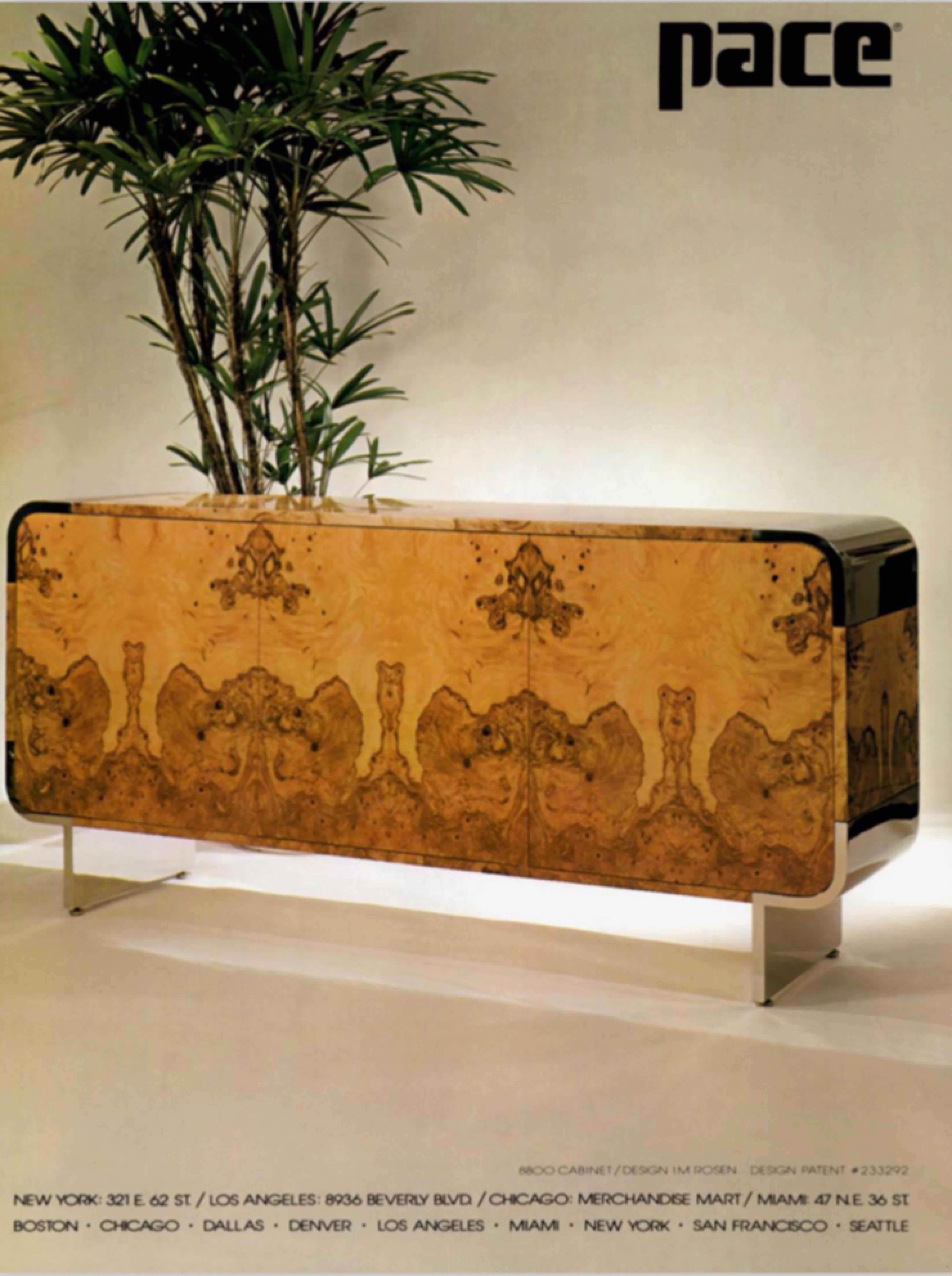 Late 20th Century Pace Burl Wood and Chrome Credenza by Leon Rosen, circa 1974  For Sale