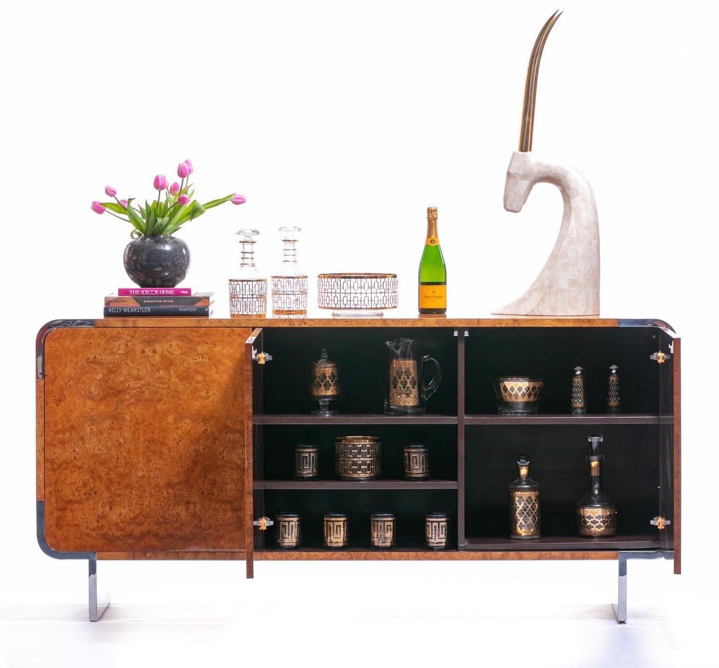 Pace Burl Wood and Chrome Credenza by Leon Rosen, circa 1974 3