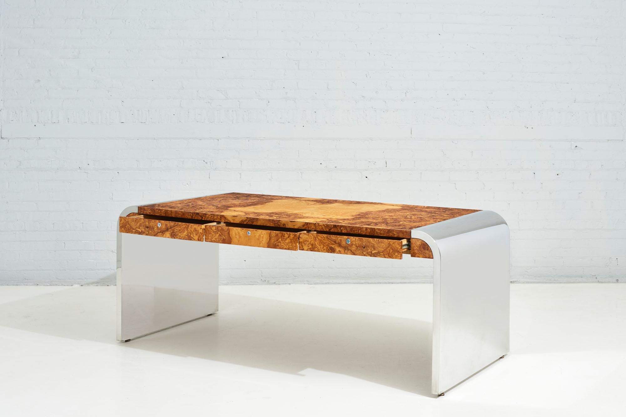 Wood Pace Burlwood and Stainless Steel Waterfall Desk, 1970