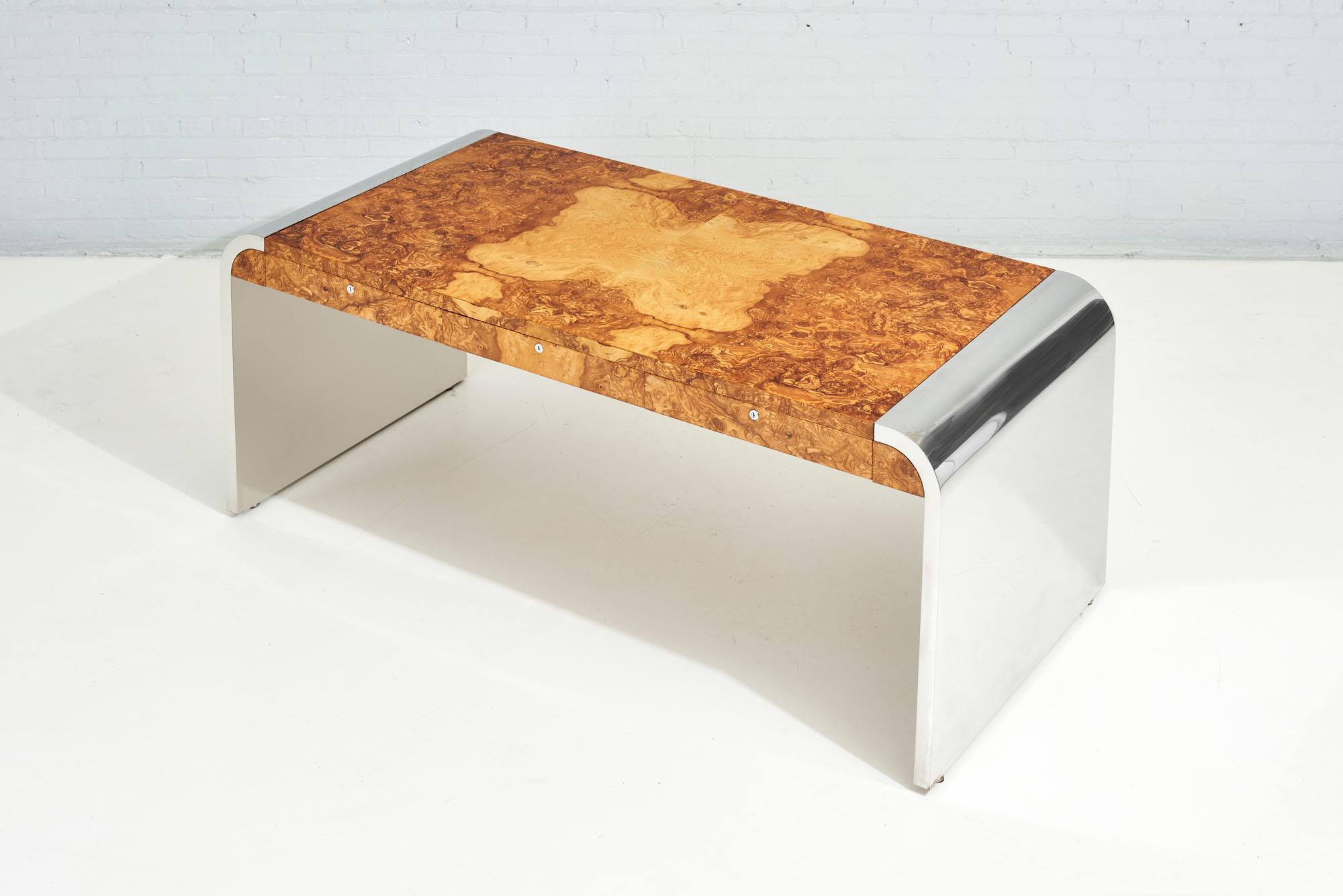 Pace Burlwood and Stainless Steel Waterfall Desk, 1970 1