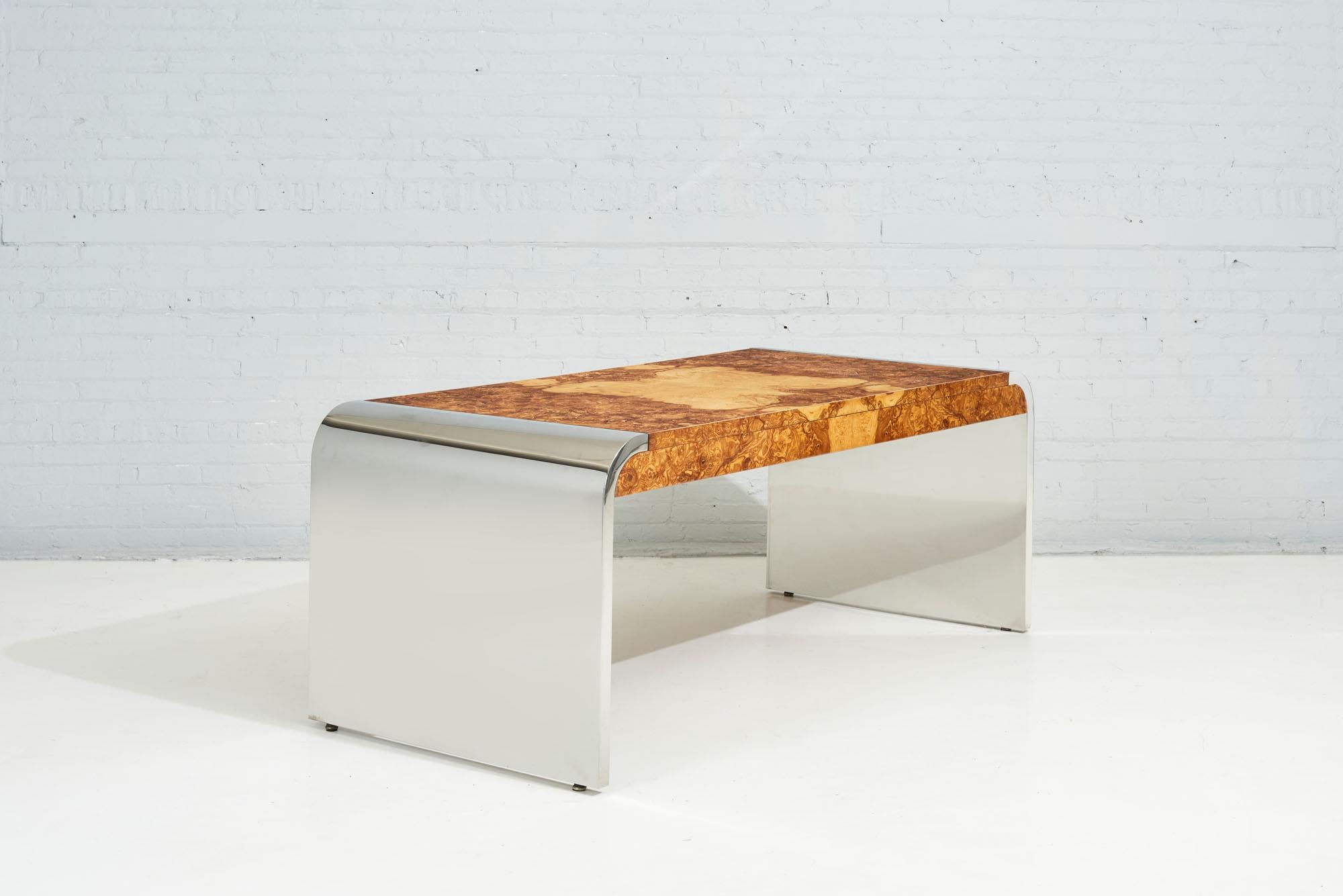 Pace Burlwood and Stainless Steel Waterfall Desk, 1970 2