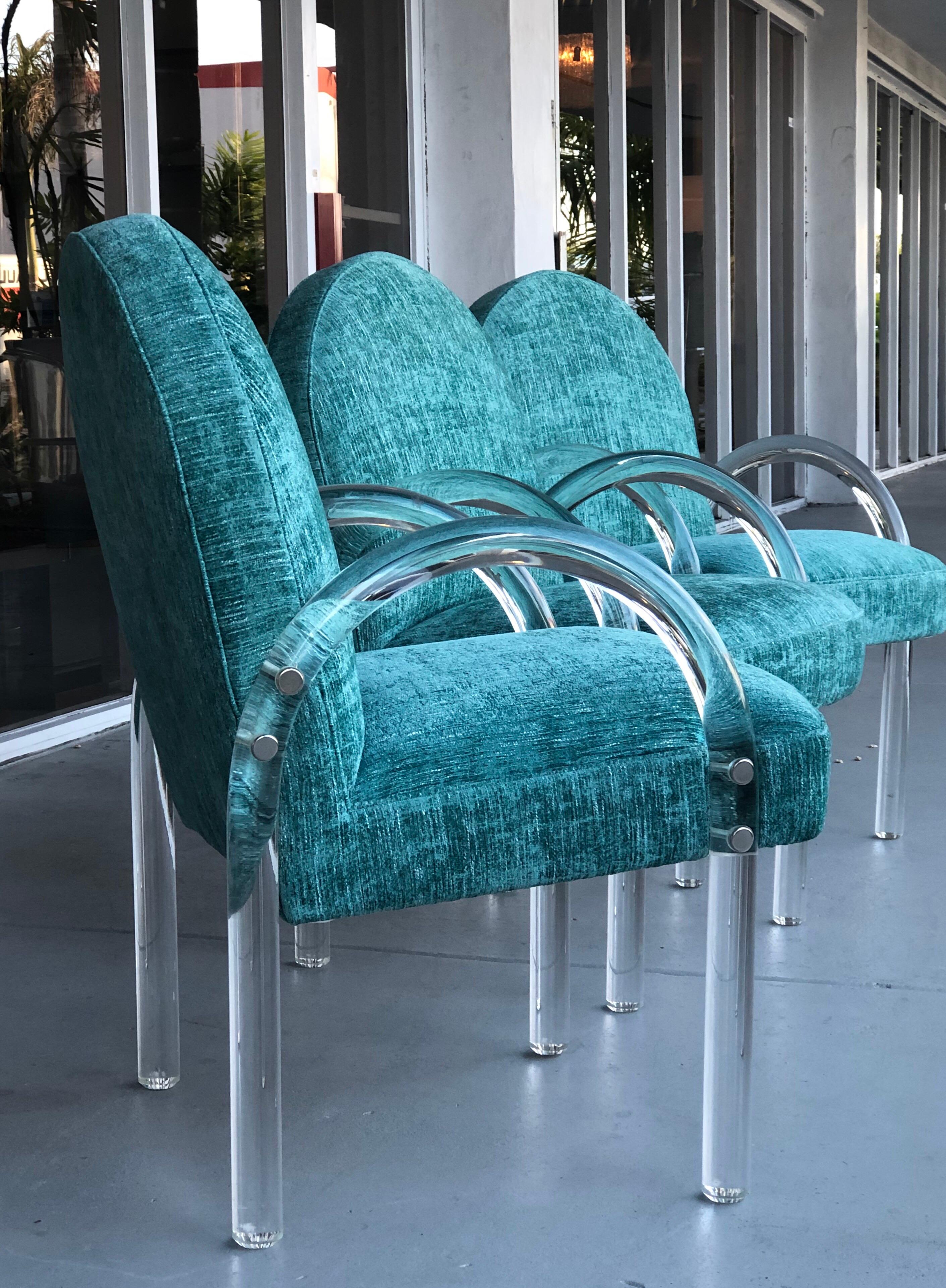 Pace Collection 6 Plush Turquoise Lucite Dining Chairs by Leon Rosen In Good Condition In Miami, FL