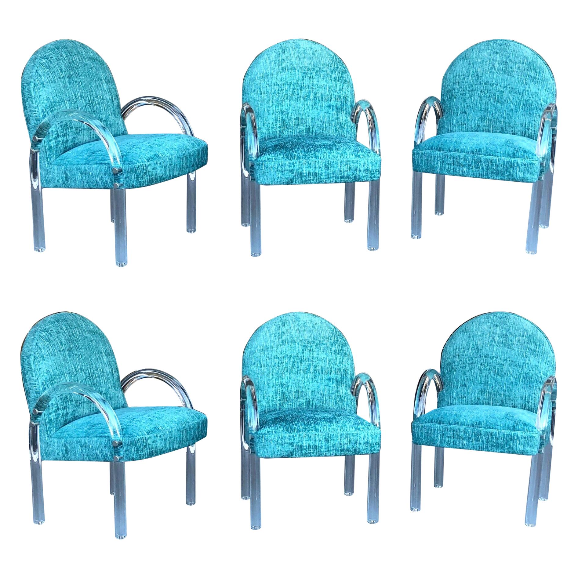 Pace Collection 6 Plush Turquoise Lucite Dining Chairs by Leon Rosen