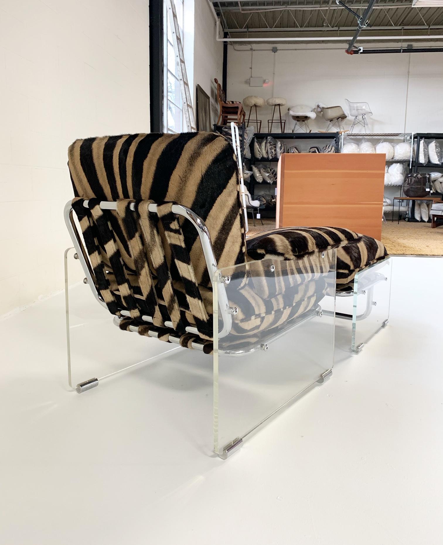 Mid-Century Modern Pace Collection Argenta Lucite and Chrome Lounge Chair and Ottoman in Zebra Hide