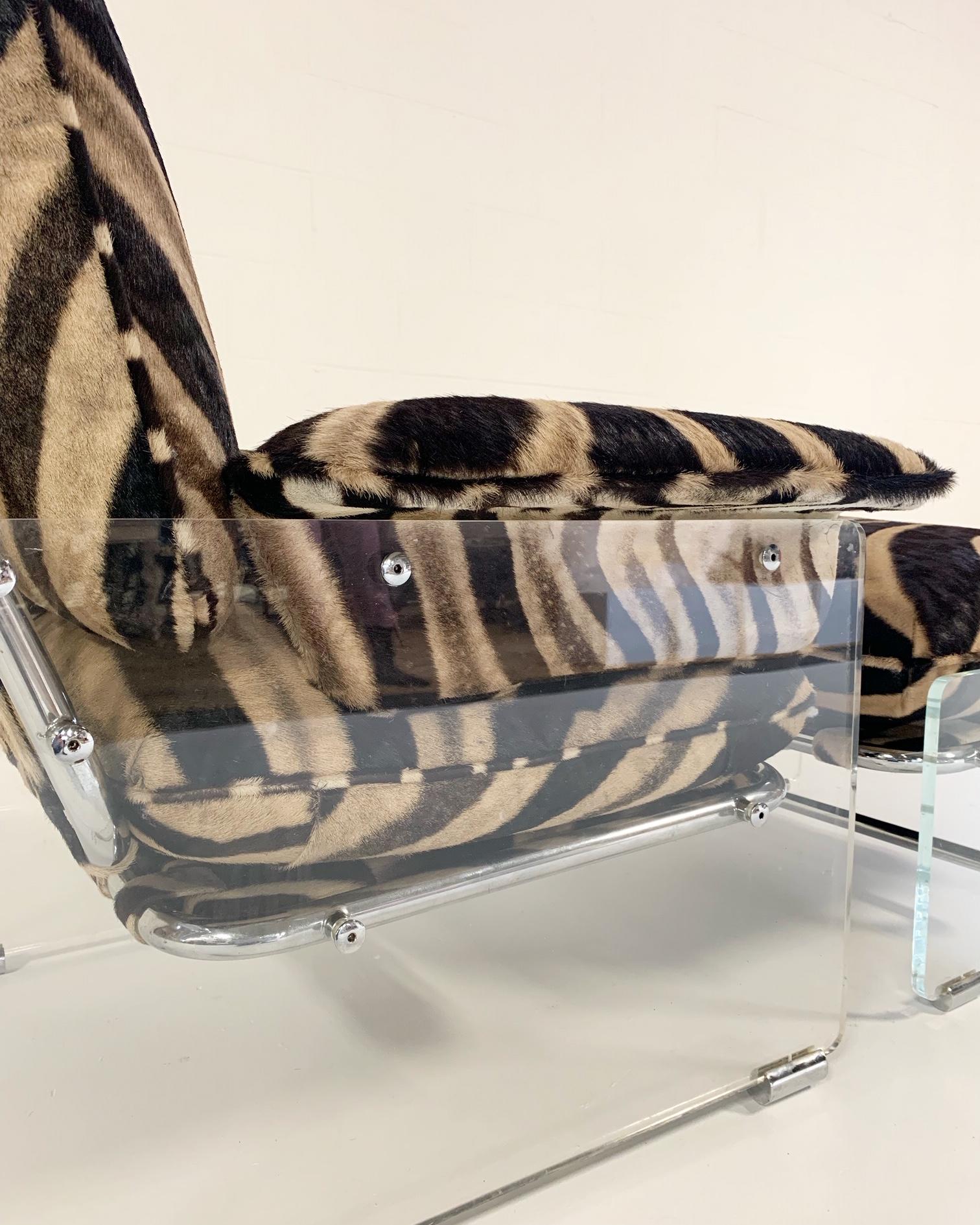 Pace Collection Argenta Lucite and Chrome Lounge Chair and Ottoman in Zebra Hide In Good Condition In SAINT LOUIS, MO
