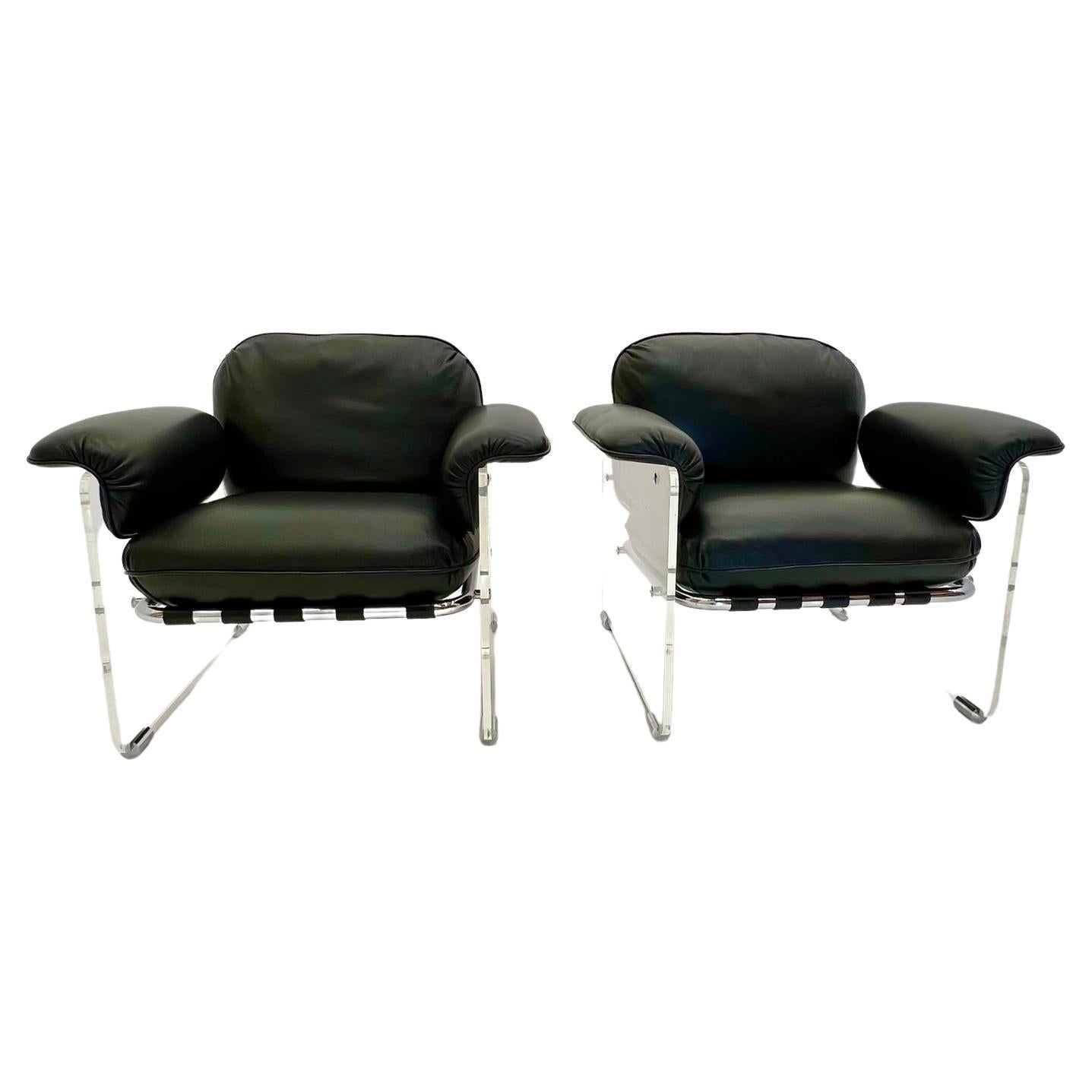 Pace Collection Argenta Lucite Chairs in Italian Leather For Sale