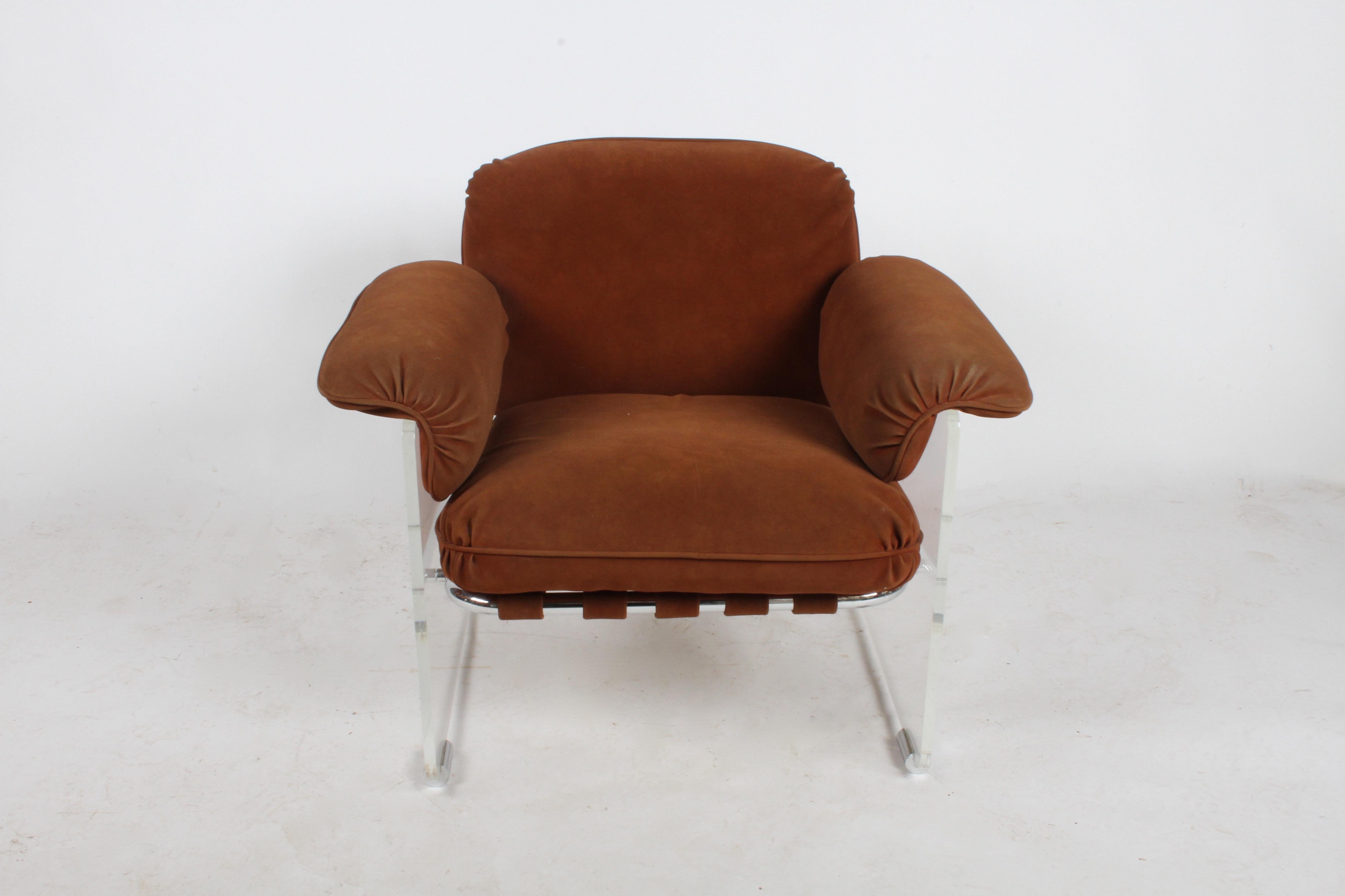 Suede Pace Collection Argenta Lucite Lounge Chairs, circa 1970s