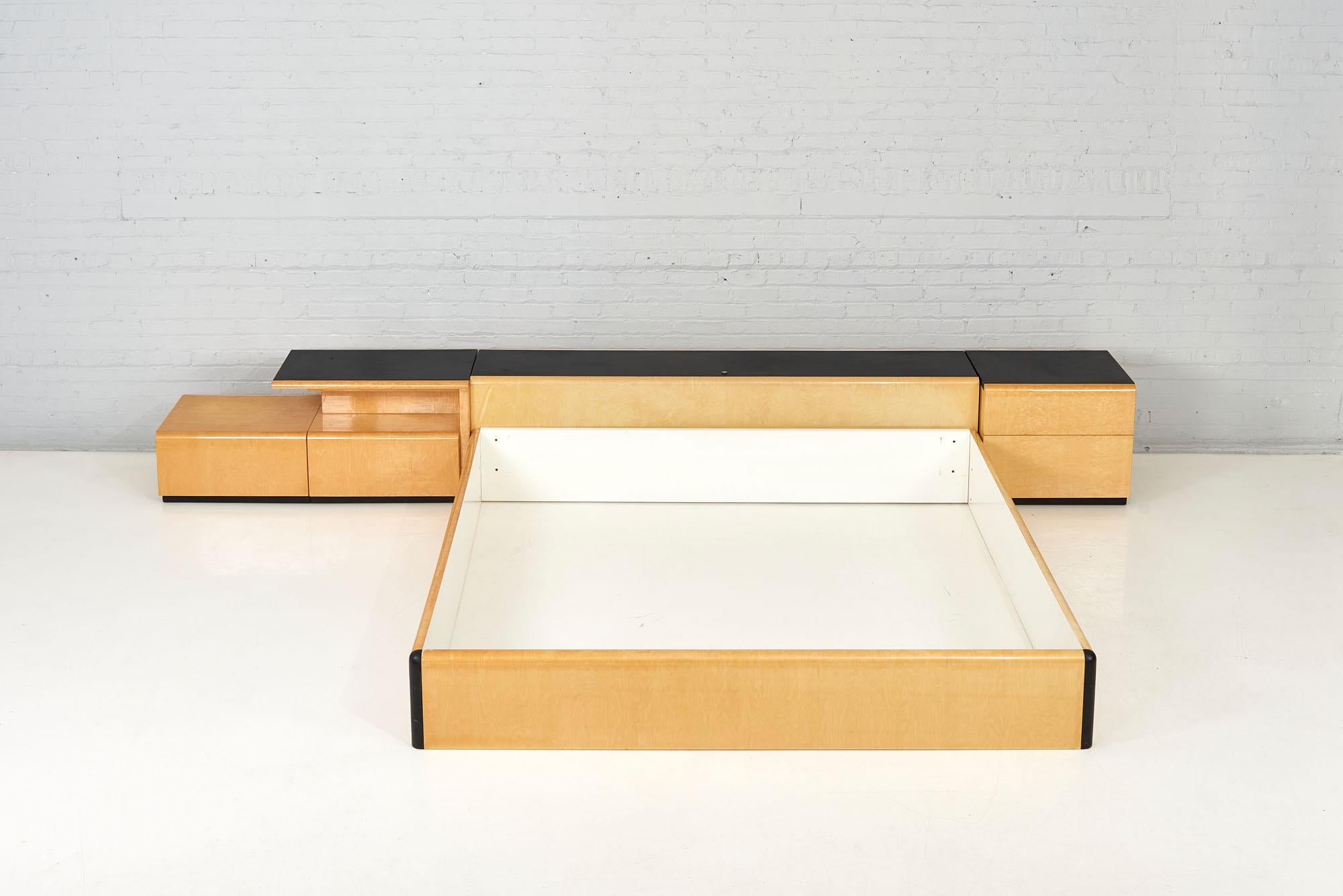 Pace bed with night stands, 1970. Brown leather with Birdseye maple.