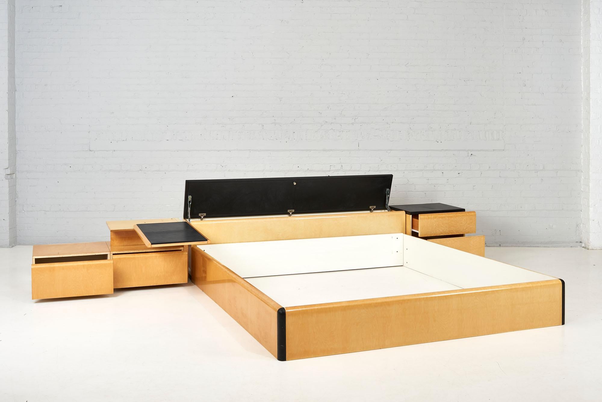 Pace Collection Bed with Night Stands, Brown Leather Birdseye Maple, 1970 In Good Condition In Chicago, IL