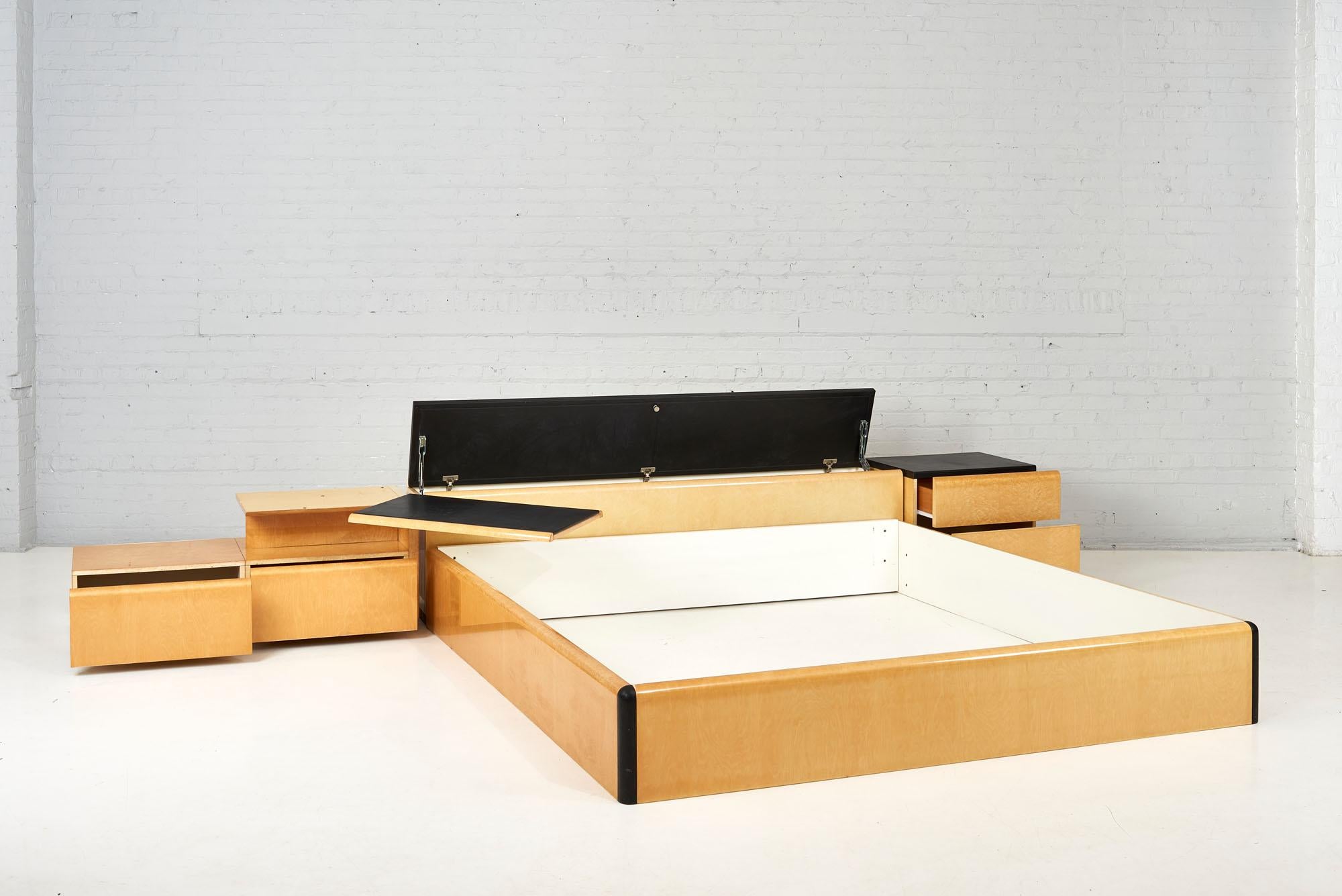 Late 20th Century Pace Collection Bed with Night Stands, Brown Leather Birdseye Maple, 1970