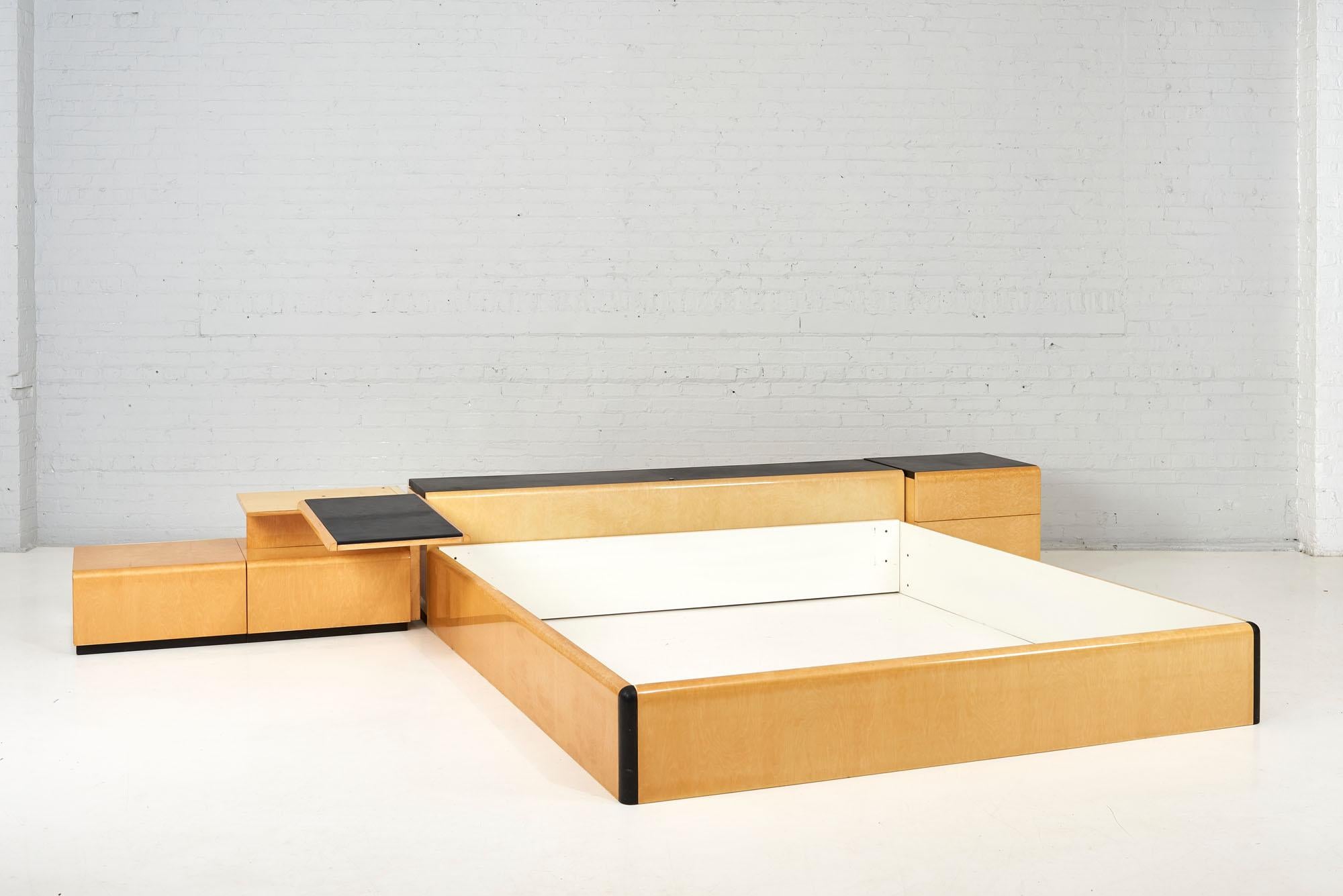 Pace Collection Bed with Night Stands, Brown Leather Birdseye Maple, 1970 1