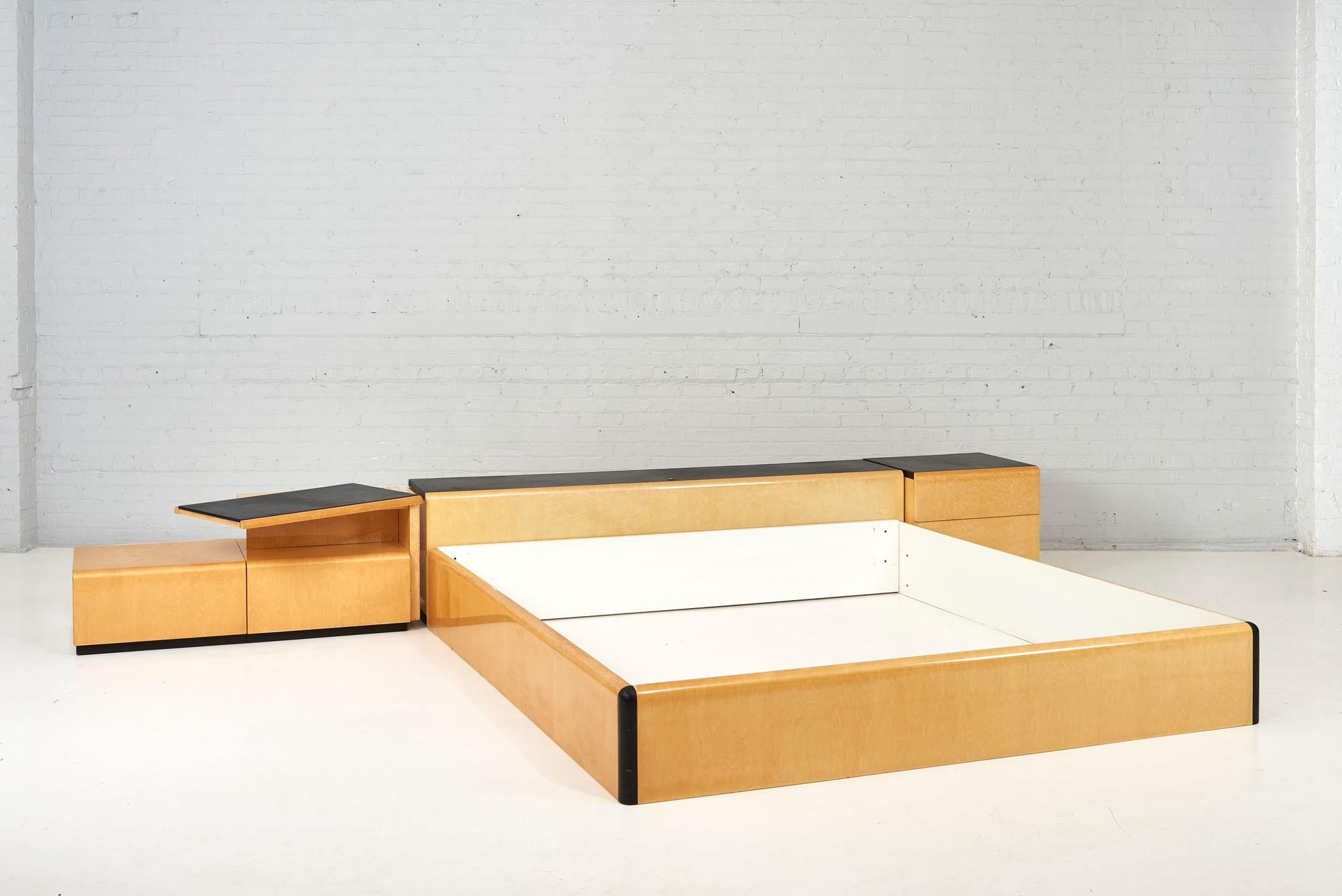 Pace Collection Bed with Night Stands, Brown Leather Birdseye Maple, 1970 3