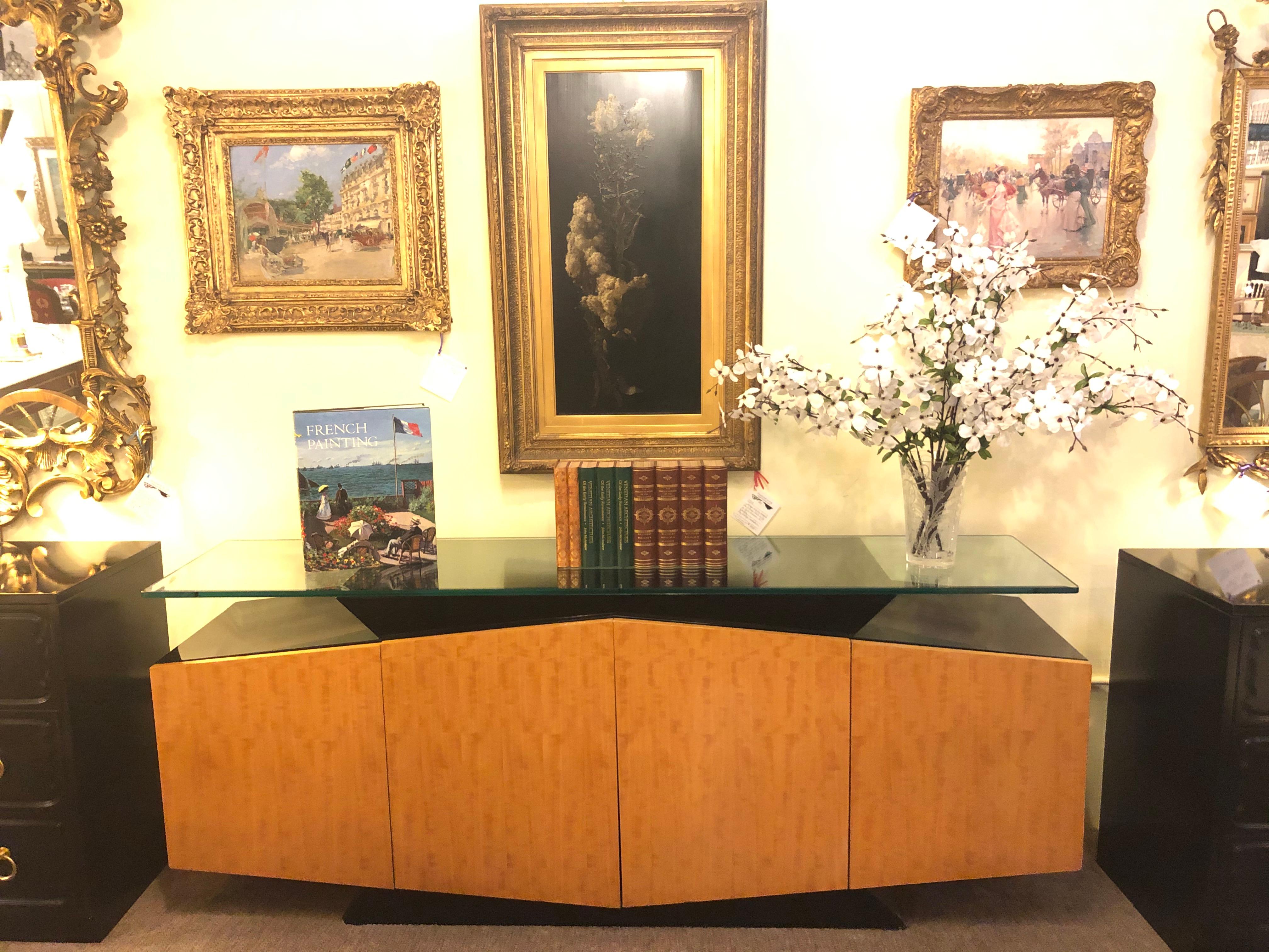 Modern Pace Collection Burl and Ebony Floating Beveled Glass Top Sideboard Cabinet For Sale