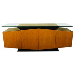 Pace Collection Burl and Ebony Floating Beveled Glass Top Sideboard Cabinet