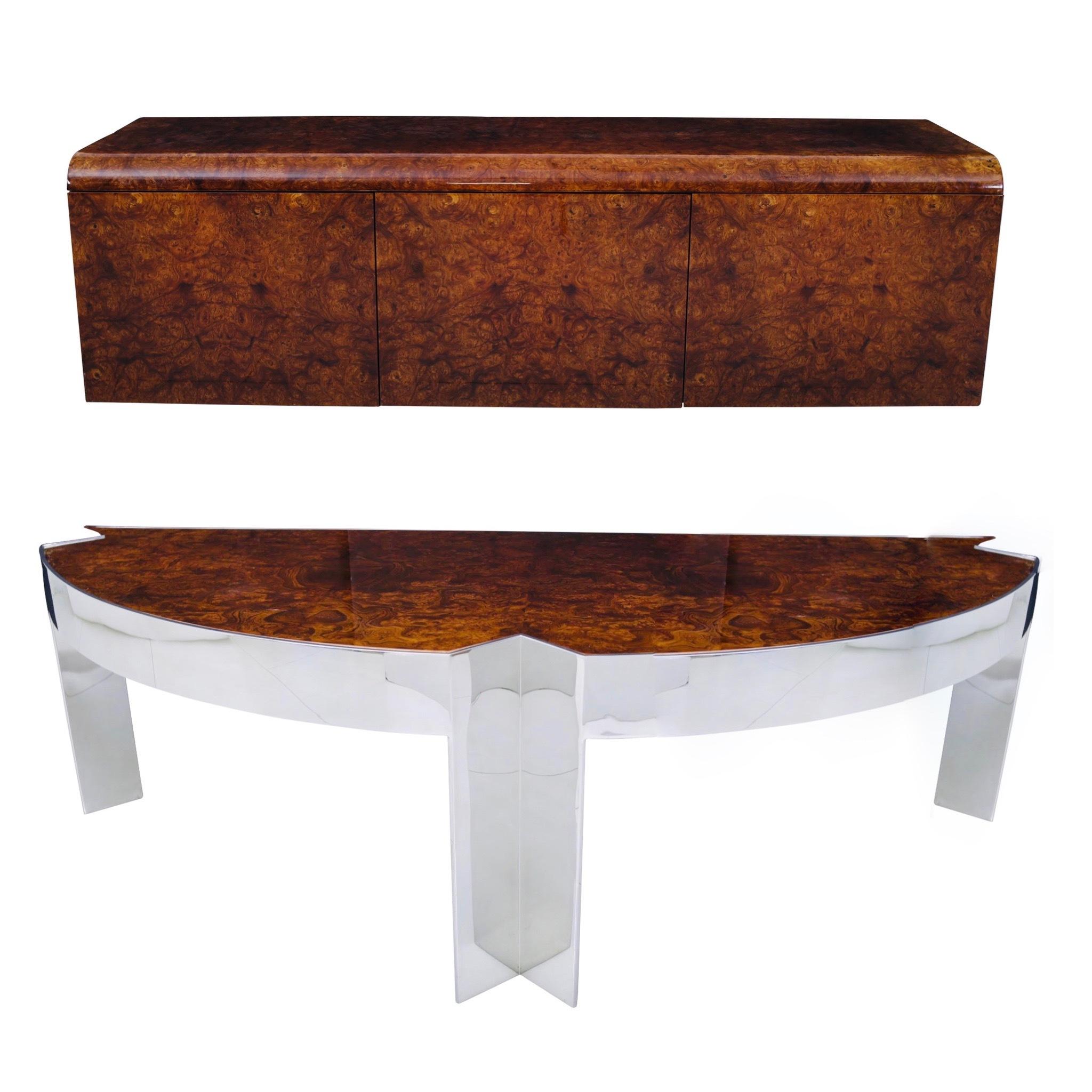 Wall mount burl wood credenza by Leon Rosen for Pace Collection. Beautiful dark burl wood grain with high polish finish. Touch latch doors. Wall cleat included.

  