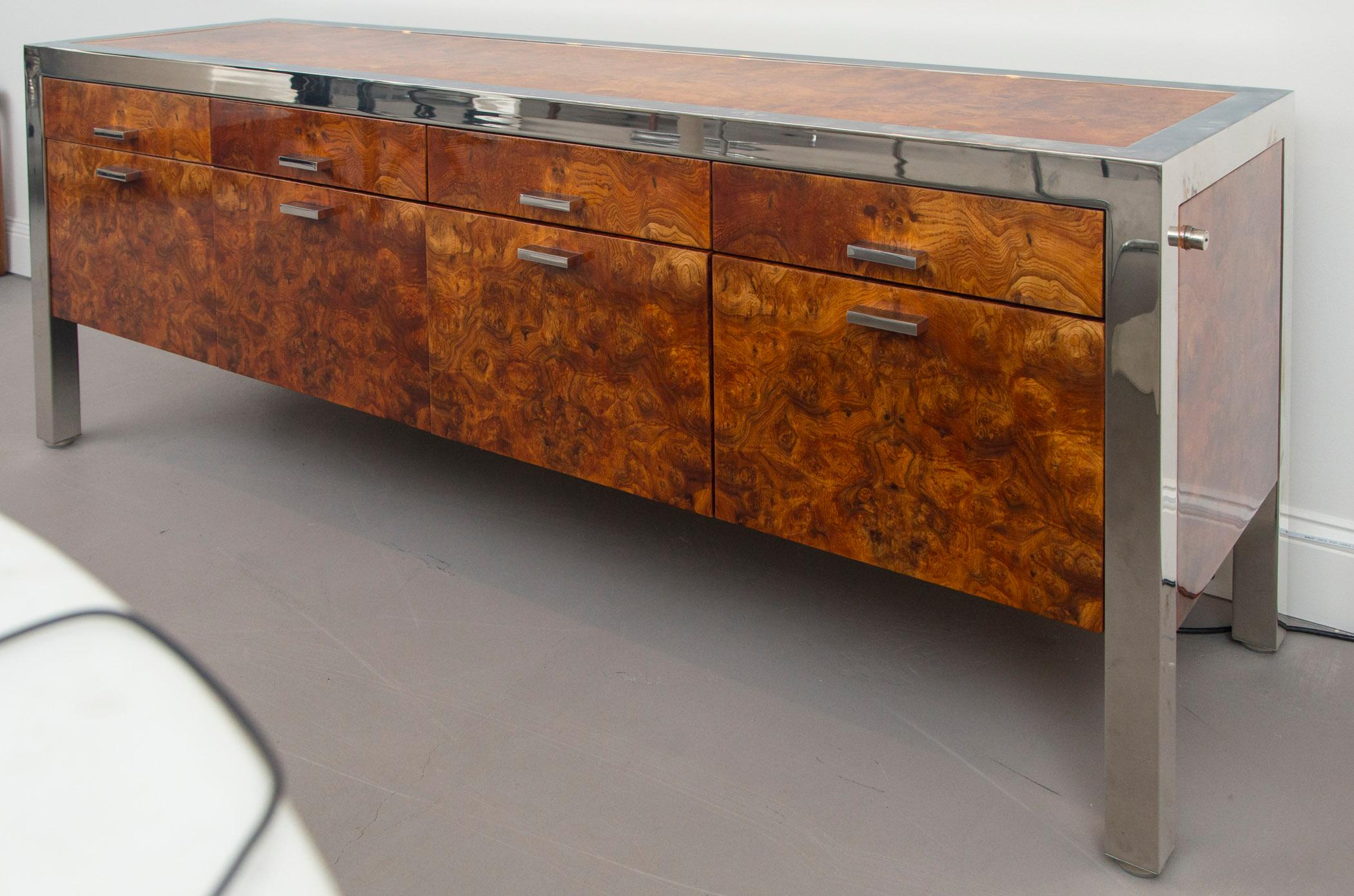 Pace Collection burled wood and chrome credenza.