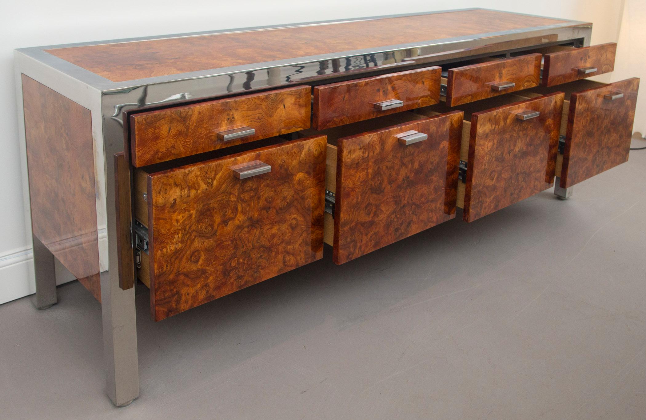 Late 20th Century Pace Collection Burled Wood and Chrome Credenza