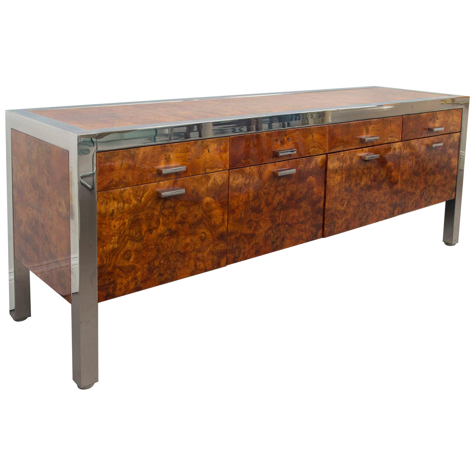 Pace Collection Burled Wood and Chrome Credenza