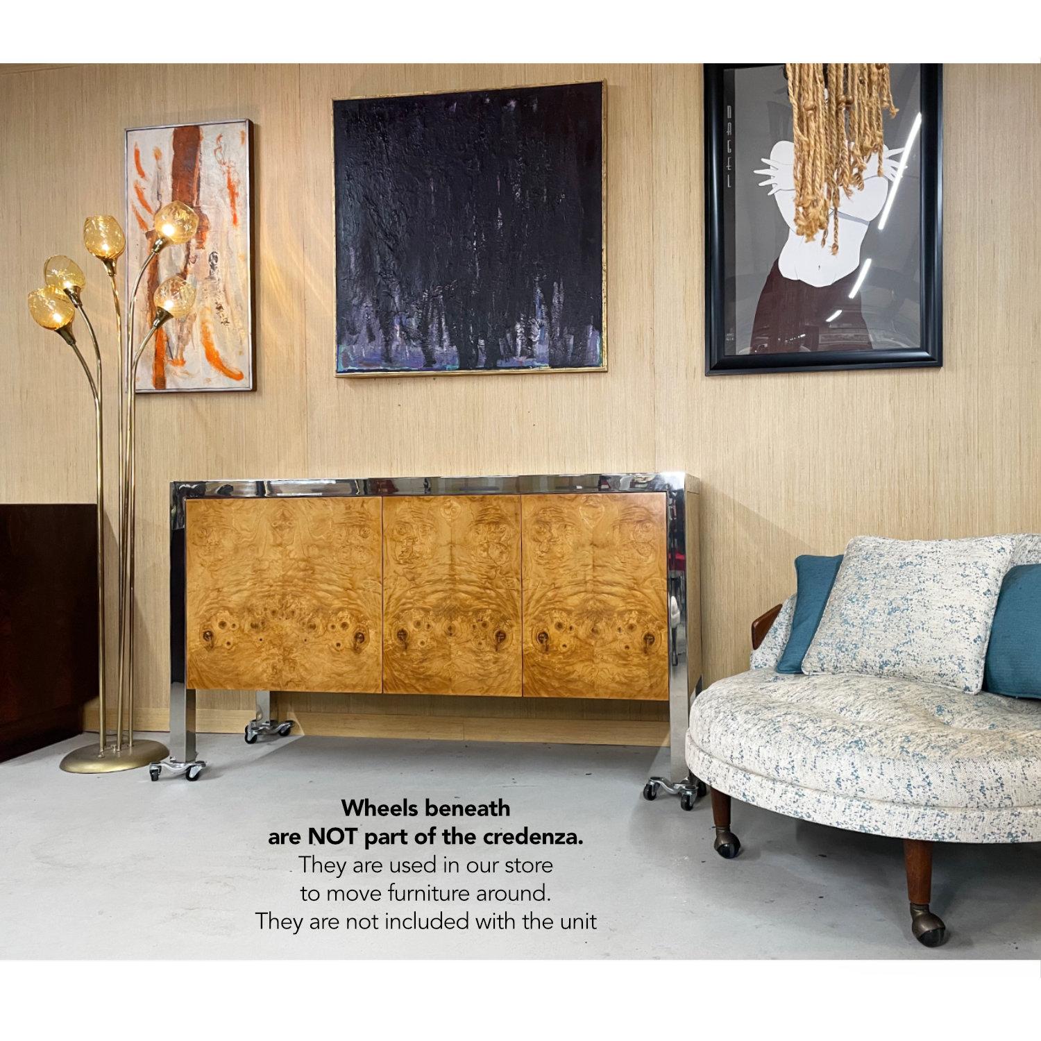 American Pace Collection by Leon Rosen Olive Burl Wood Stainless Steel Credenza For Sale