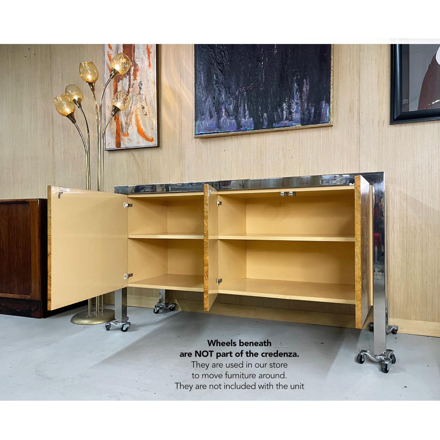 Pace Collection by Leon Rosen Olive Burl Wood Stainless Steel Credenza For Sale 3