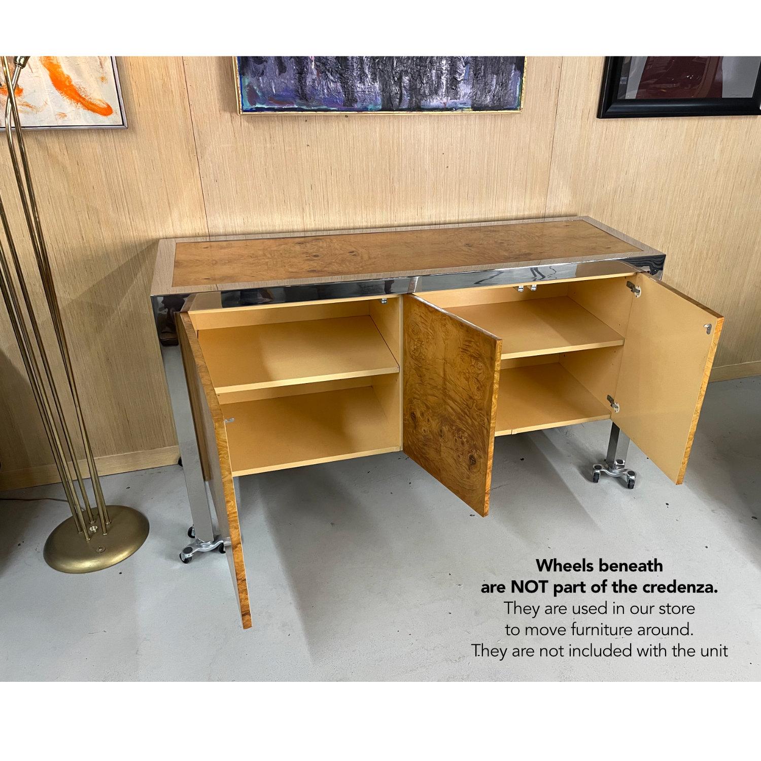 Pace Collection by Leon Rosen Olive Burl Wood Stainless Steel Credenza For Sale 4