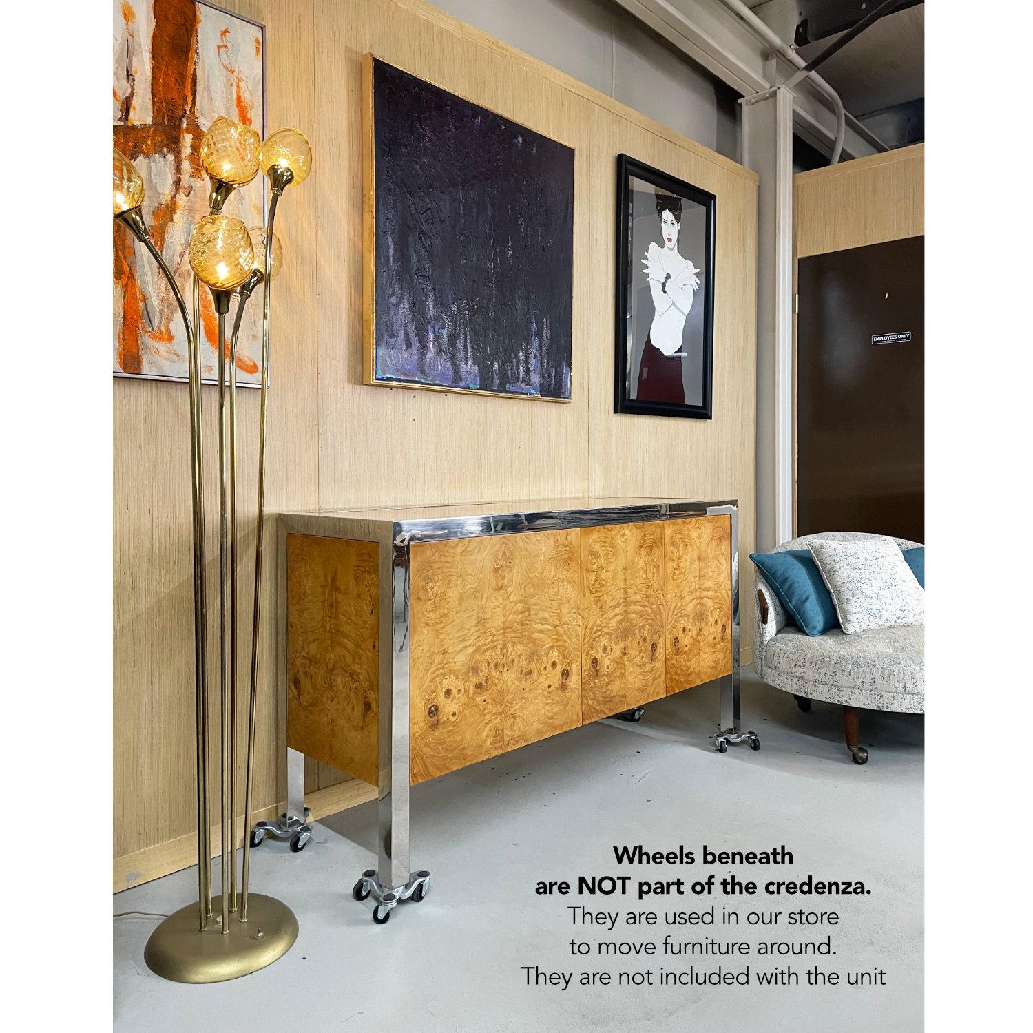 Pace Collection by Leon Rosen Olive Burl Wood Stainless Steel Credenza For Sale 1