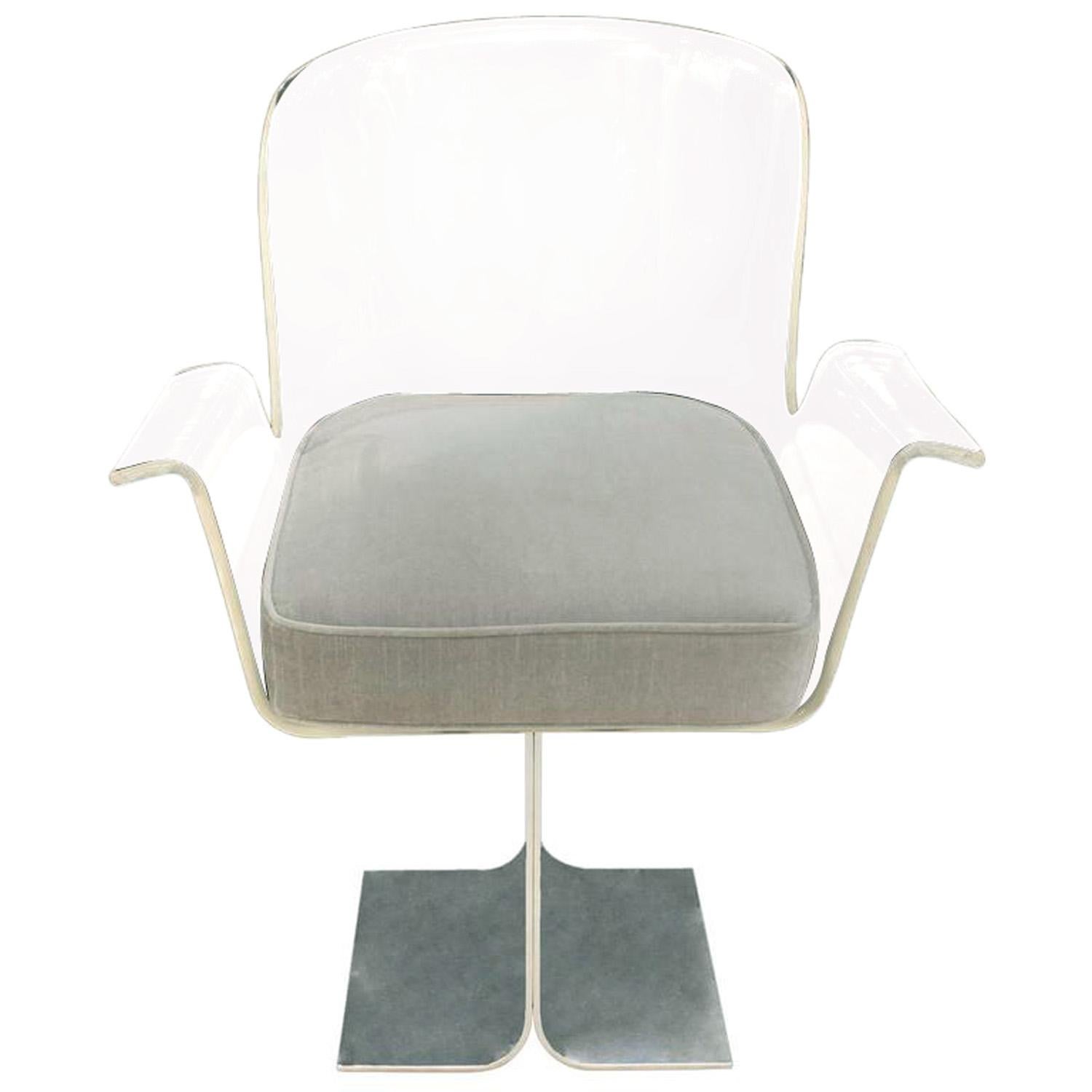 Sculptural desk chair No. 171 with swiveling lucite seat and cushion on polished aluminum base by I. M. Rosen for The Pace Collection, American 1970's This chair is very chic. New cushion by Lobel Modern.
 