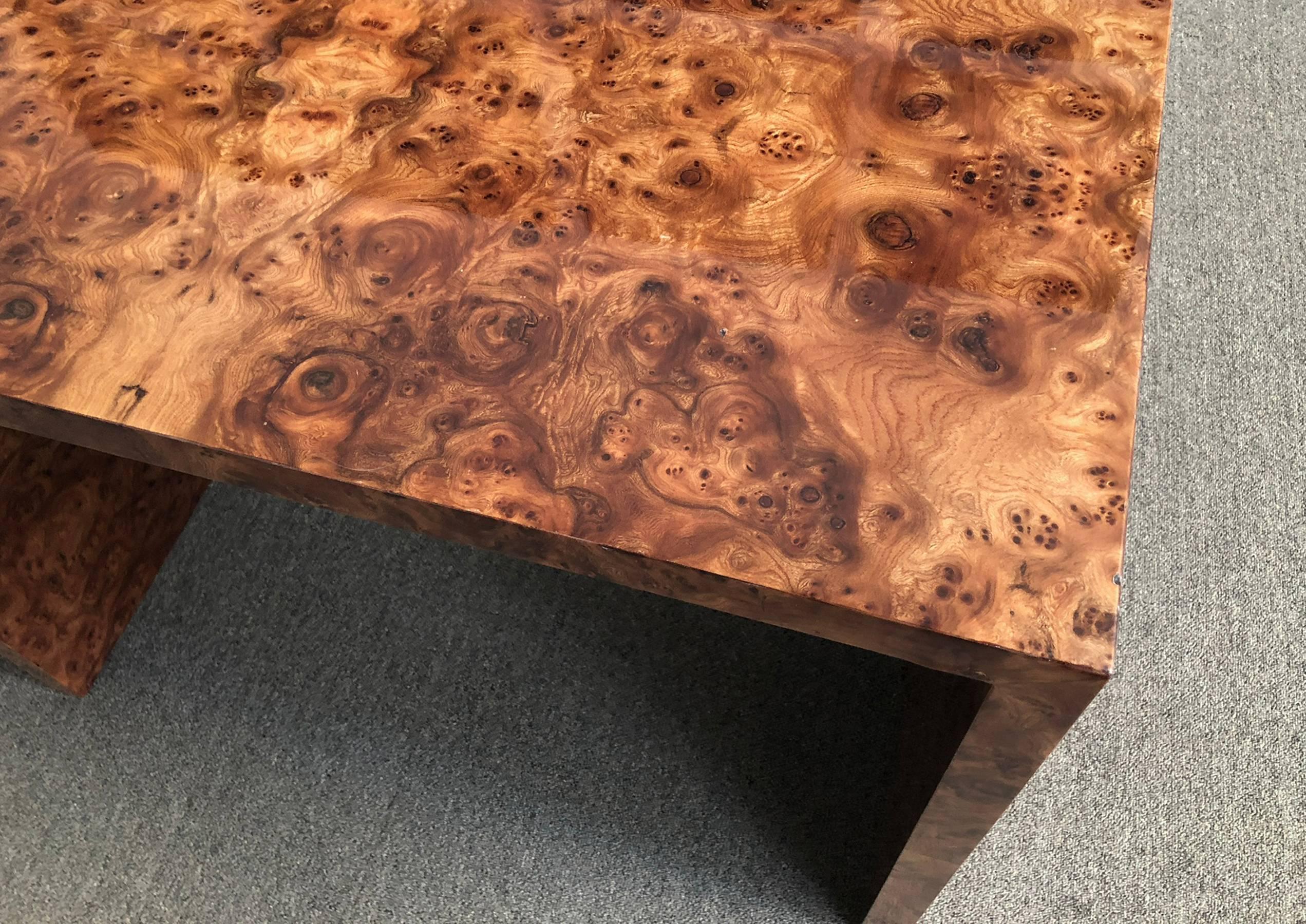 Pace collection desk or console table designed by Leon Rosen. Beautiful walnut burl wood with a durable finish.