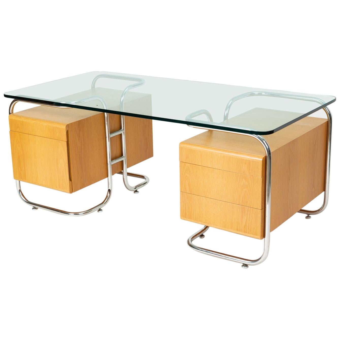 Pace Collection Desk with Tubular Frame and Glass Top