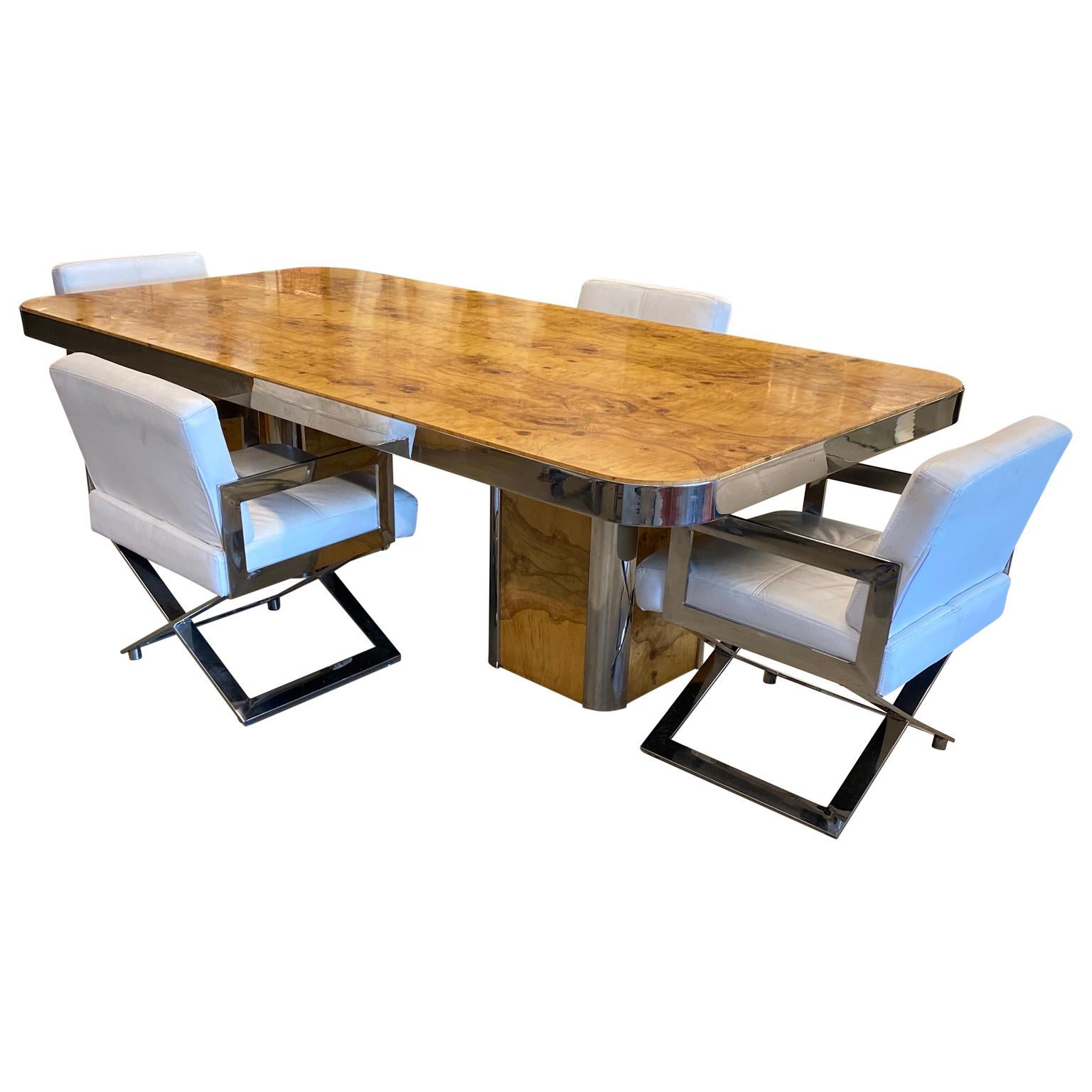 Mid-Century Modern Pace Collection Dining Table and Chairs in Burl Maple and Chrome For Sale