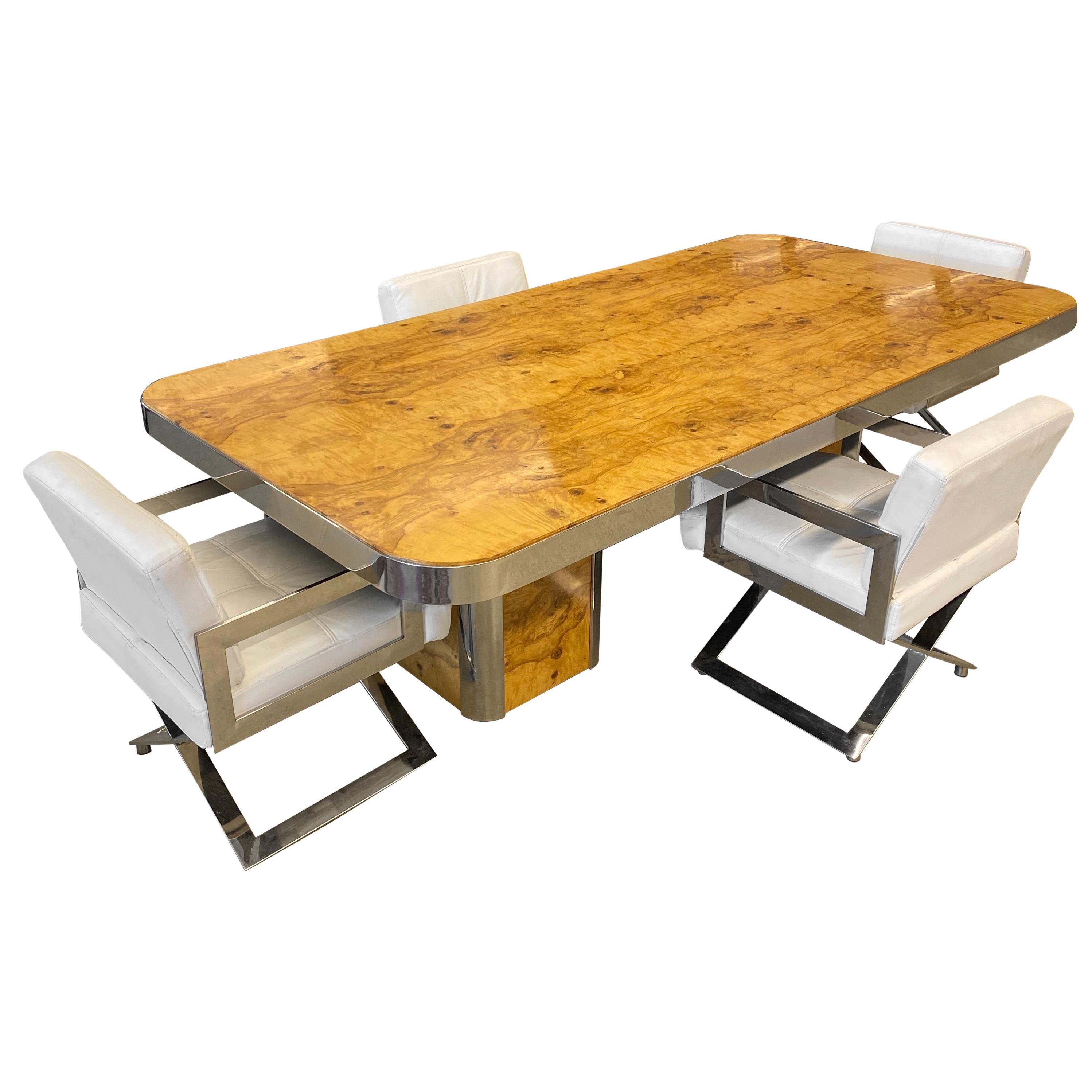 Pace Collection Dining Table and Chairs in Burl Maple and Chrome