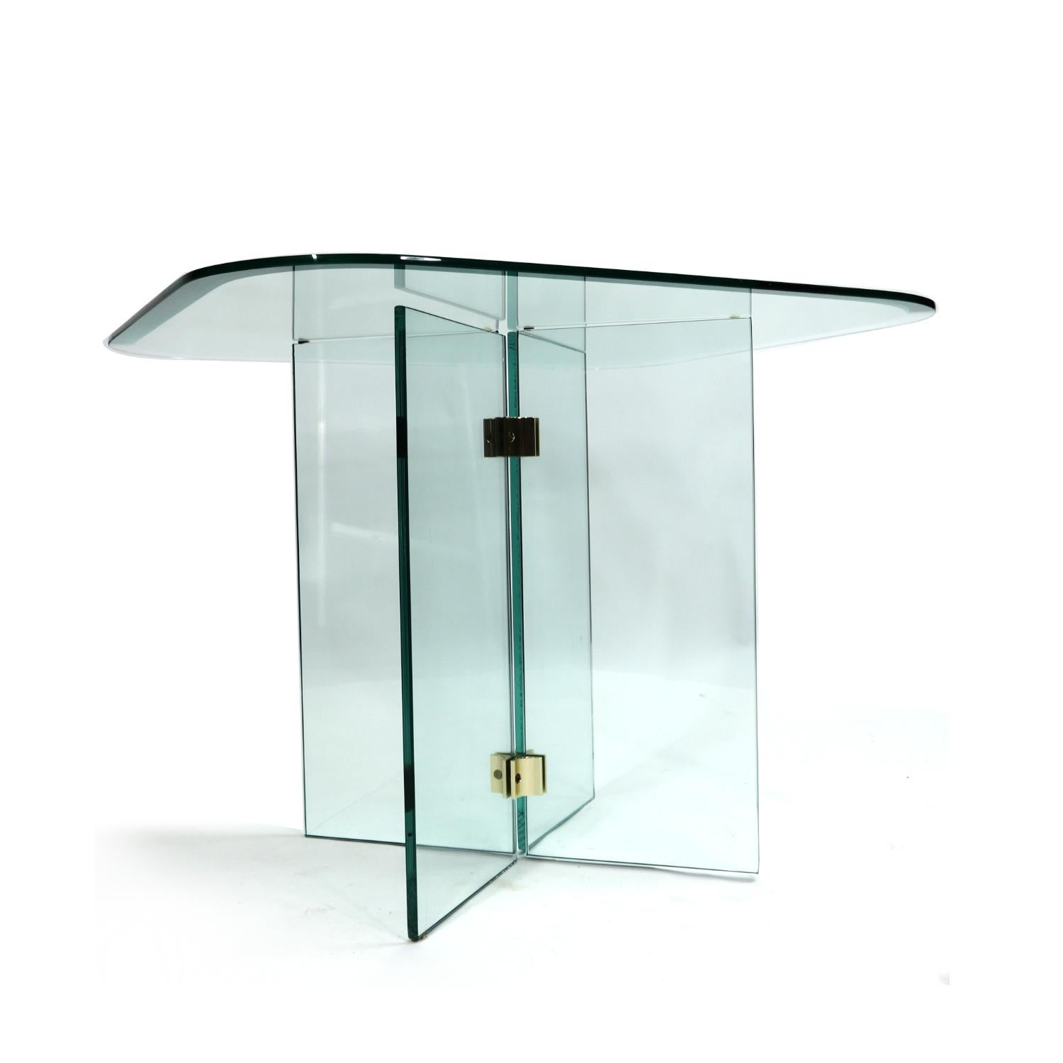 Leon Rosen for Pace Collection square side table with beveled, rounded top glass. The base is formed from thick panels of glass joined by gorgeous brass hardware, signature to Pace. The minimalist table is enhanced only by premium materials and