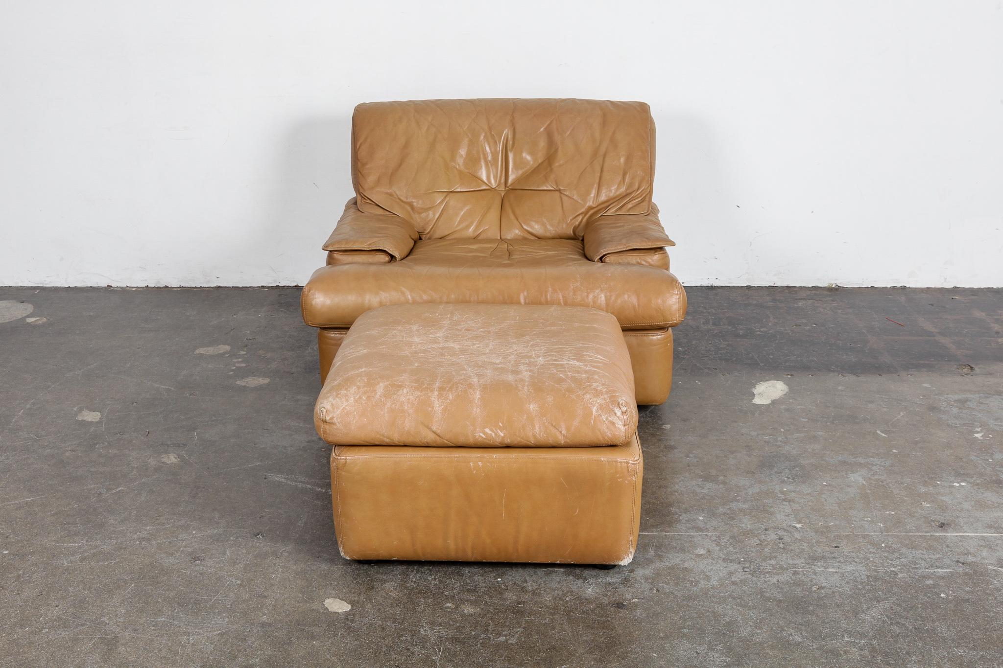 Mid-Century Modern Pace Collection or i4 Mariani 'Monique' Tan Leather Lounge and Ottoman