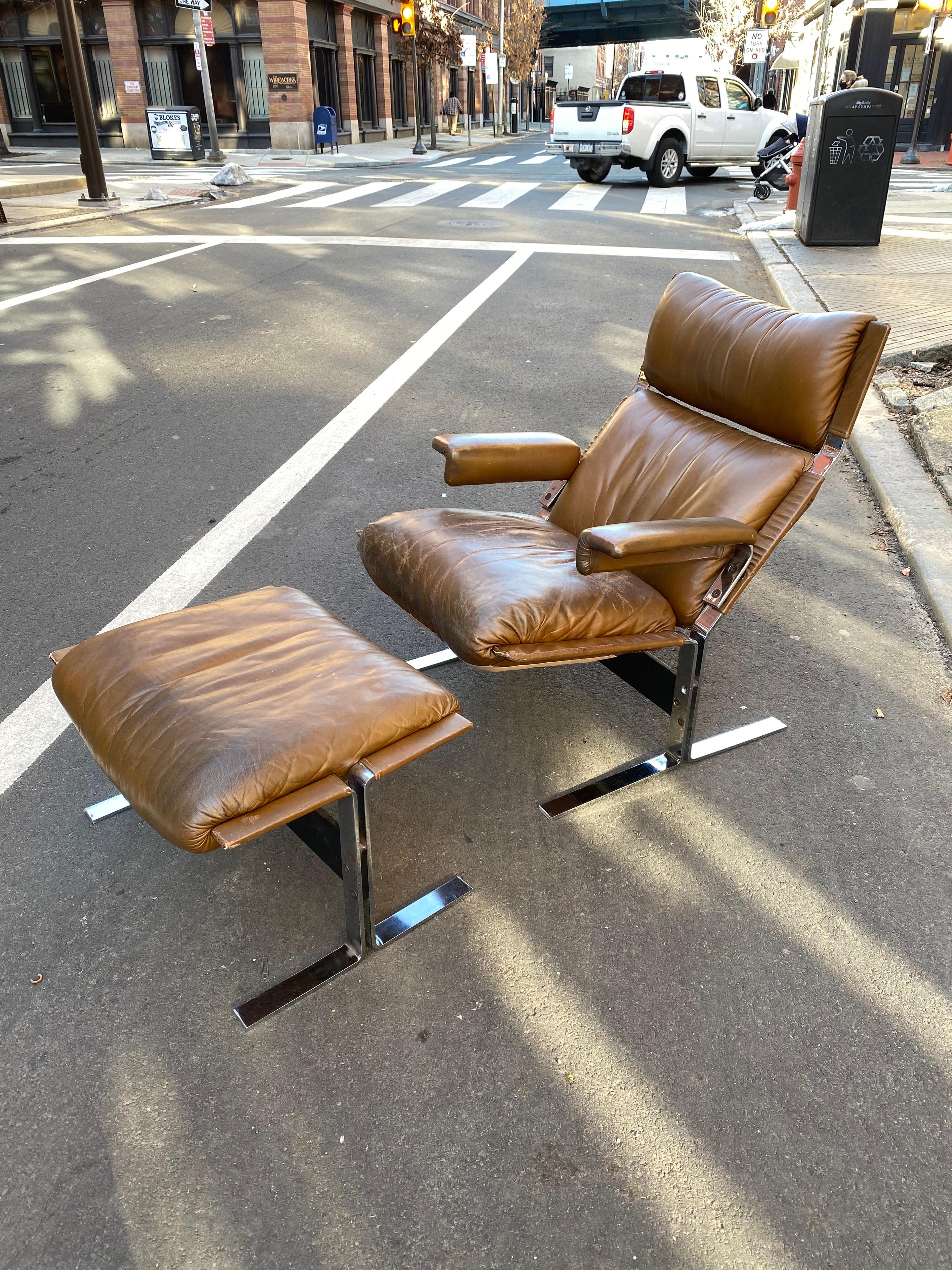 Richard Hersberger for the Pace Collection leather lounge chair and ottoman. This lounger defines comfort! Feels like slipping into a worn leather glove! All original, leather shows patina and wear that would be expected for a 50 year old chair. No