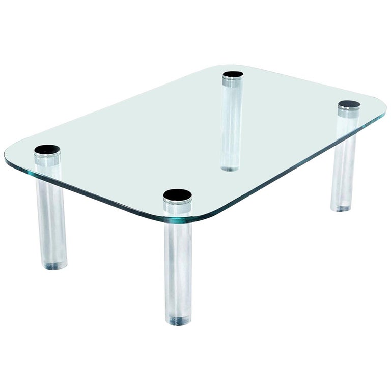 Pace Collection Lucite Chrome Screw Leg and Glass Coffee Table by Leon Rosen For Sale