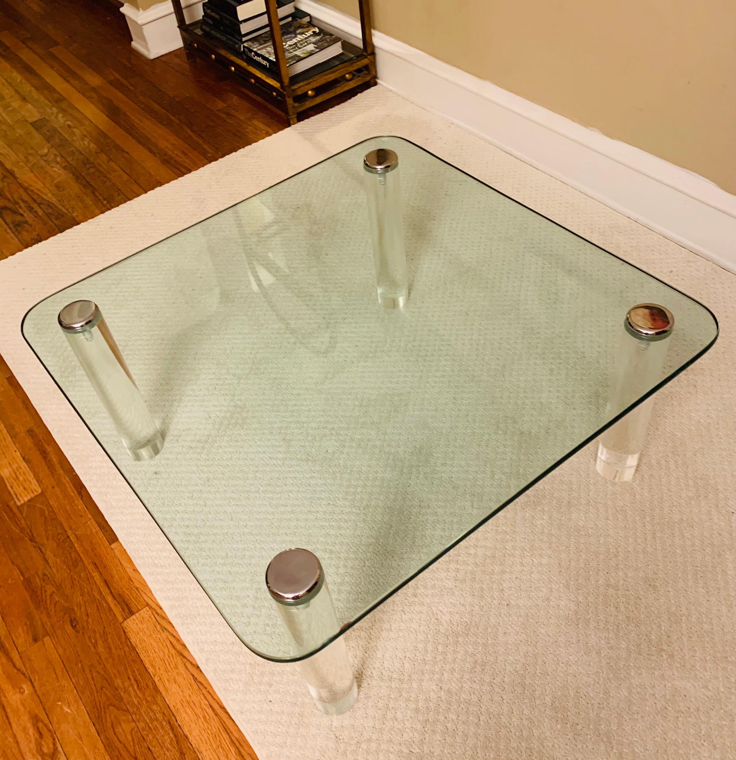 Minimalist Pace Collection Lucite Glass & Chrome Cocktail Table