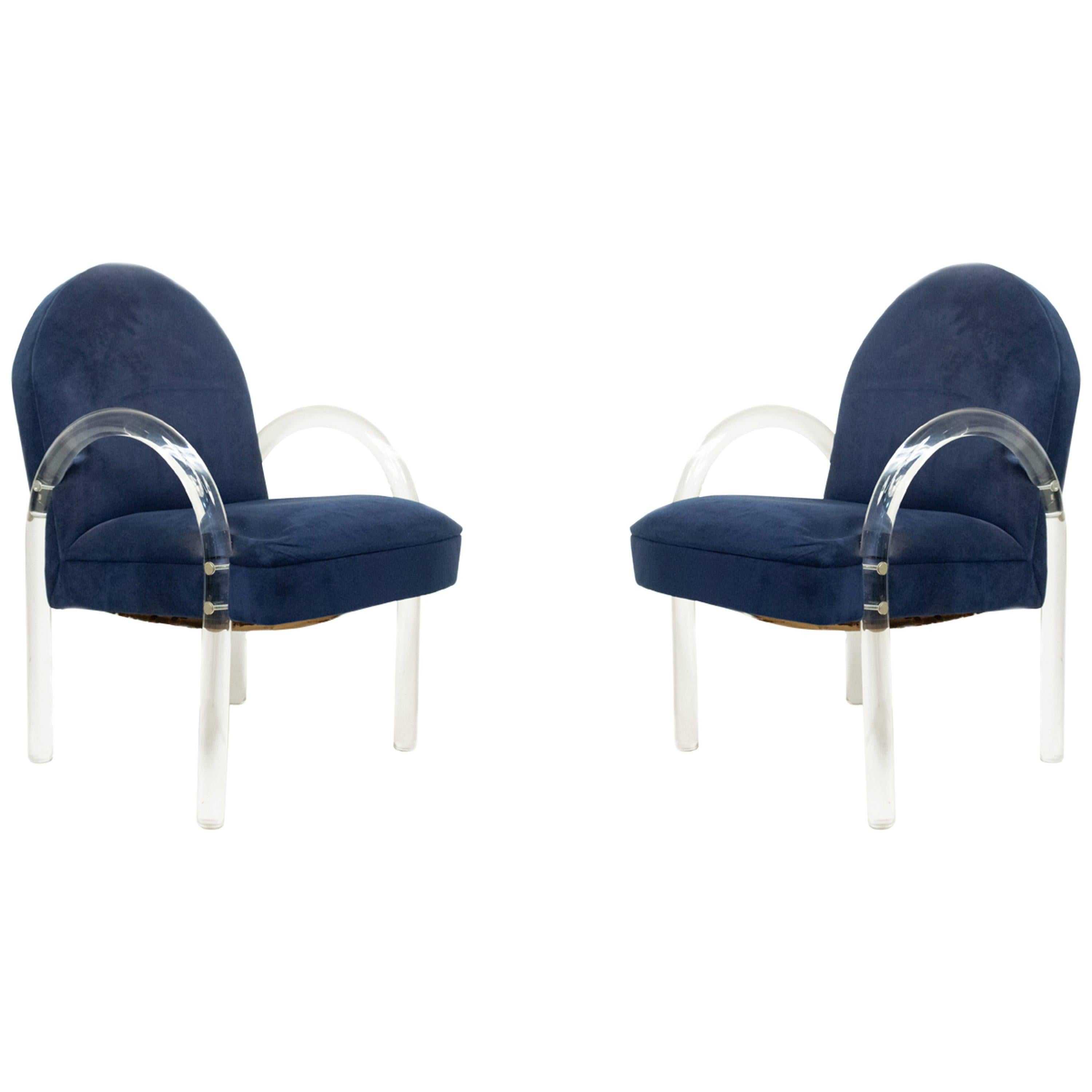 Pace Collection Lucite Waterfall Chairs with Blue Upholstery