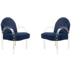 Retro Pace Collection Lucite Waterfall Chairs with Blue Upholstery