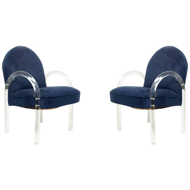 Pace Collection Lucite Waterfall Chairs, Blue Microfiber Dining Chairs