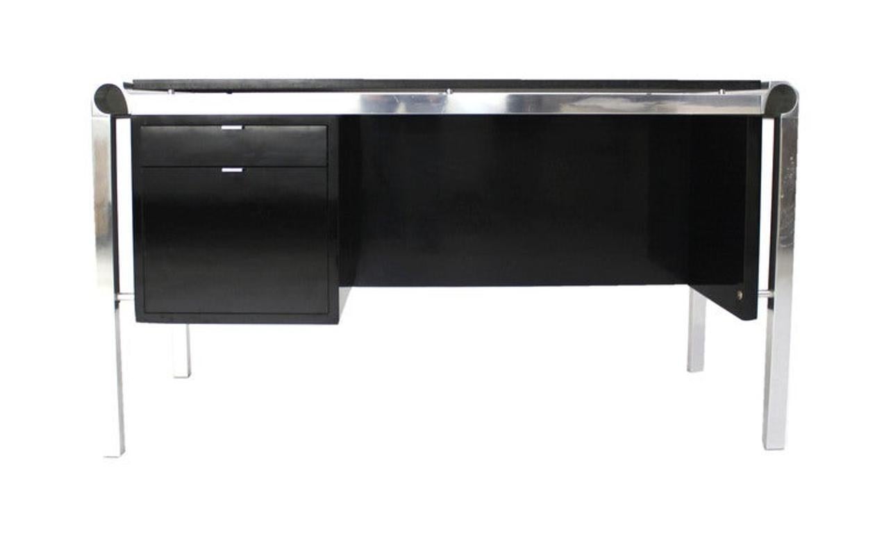 20th Century Pace Collection Mid Century Italian Modern Thick Black Marble Granite Top Desk For Sale