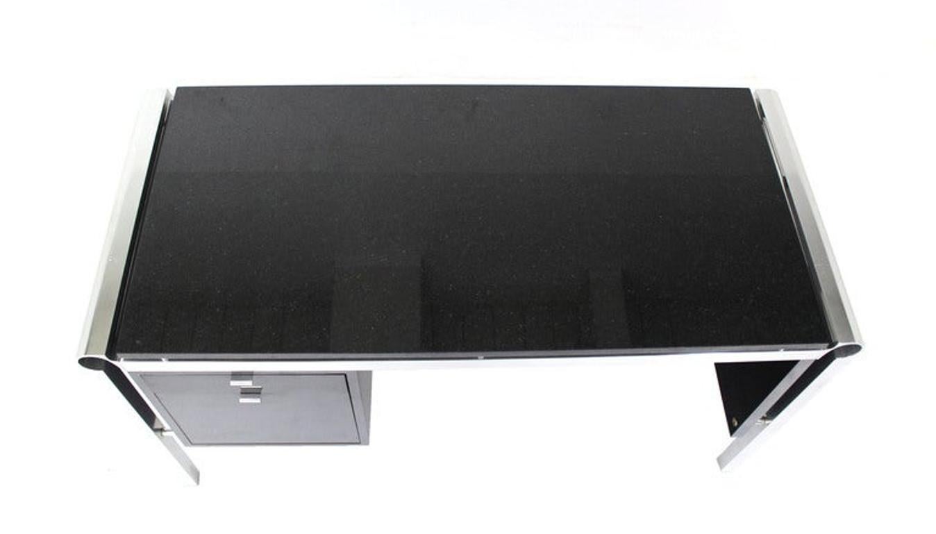 Aluminum Pace Collection Mid Century Italian Modern Thick Black Marble Granite Top Desk For Sale