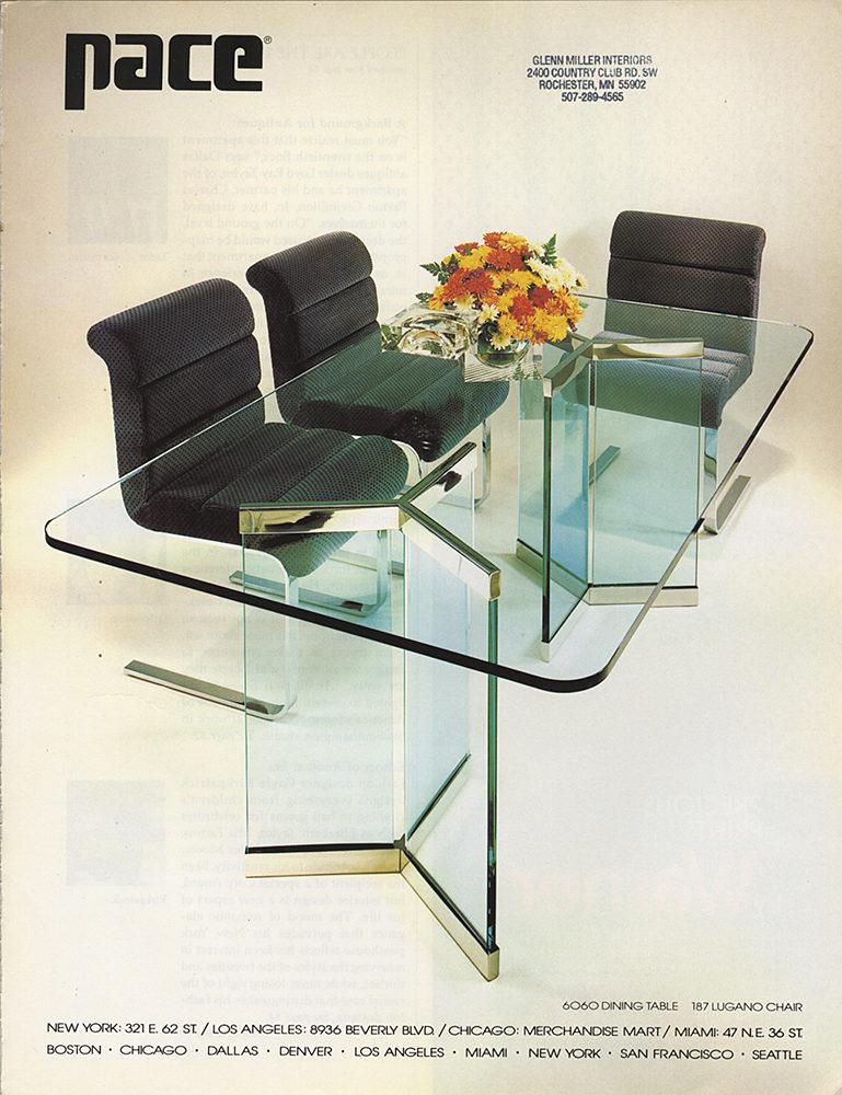 Architecturally Minimalist glass and chrome dining table model 6060 designed by I. M. Rosen for The Pace Collection circa 1976. Consists of a pair of pedestal bases under a glass top. Pedestal bases are three slabs of 3/4 inch thick glass set into