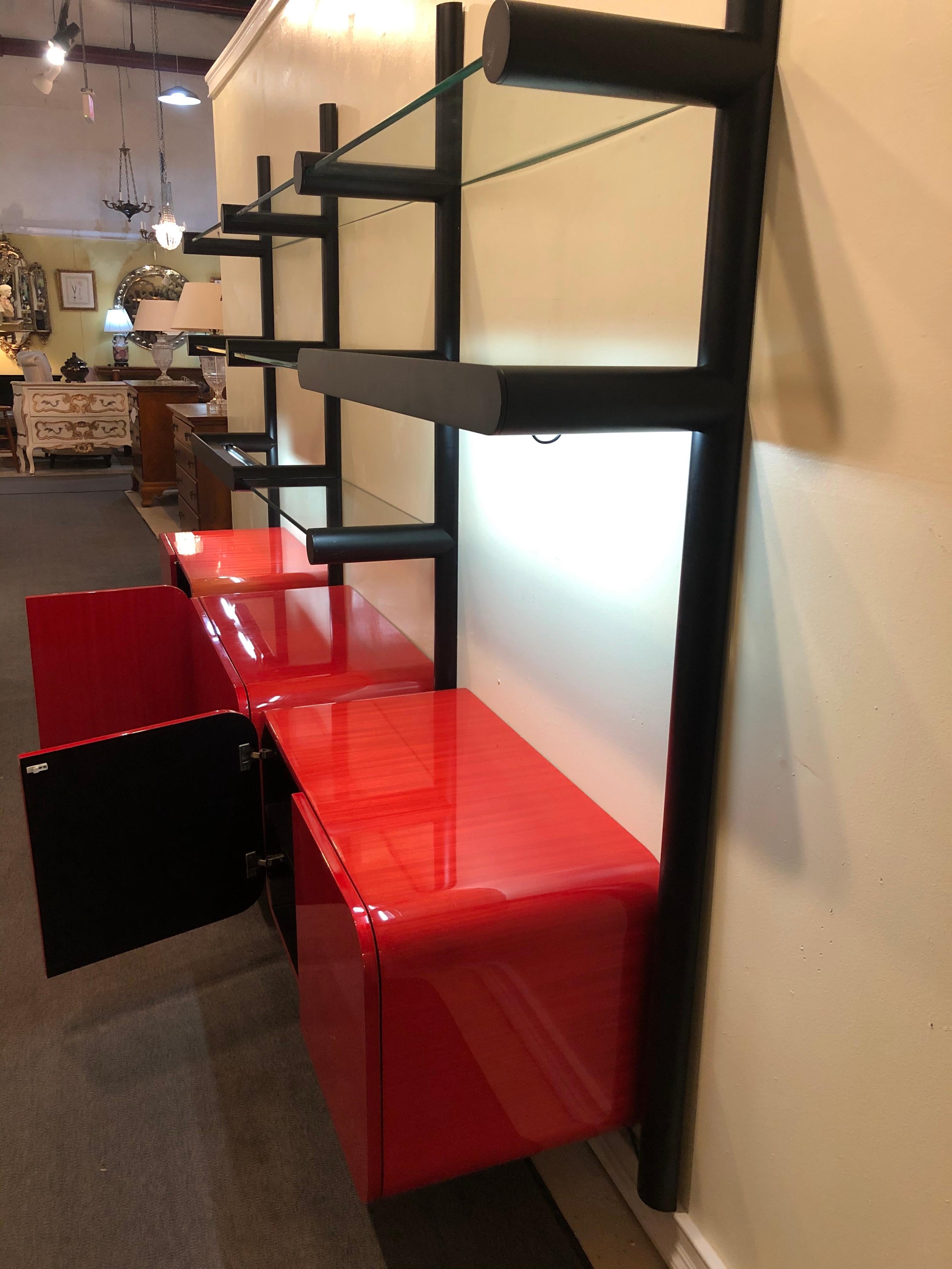 20th Century Janet Schwietzer, Pace, Modern Obra Bookshelf, Red Lacquer, Steel, glass, 1990s For Sale