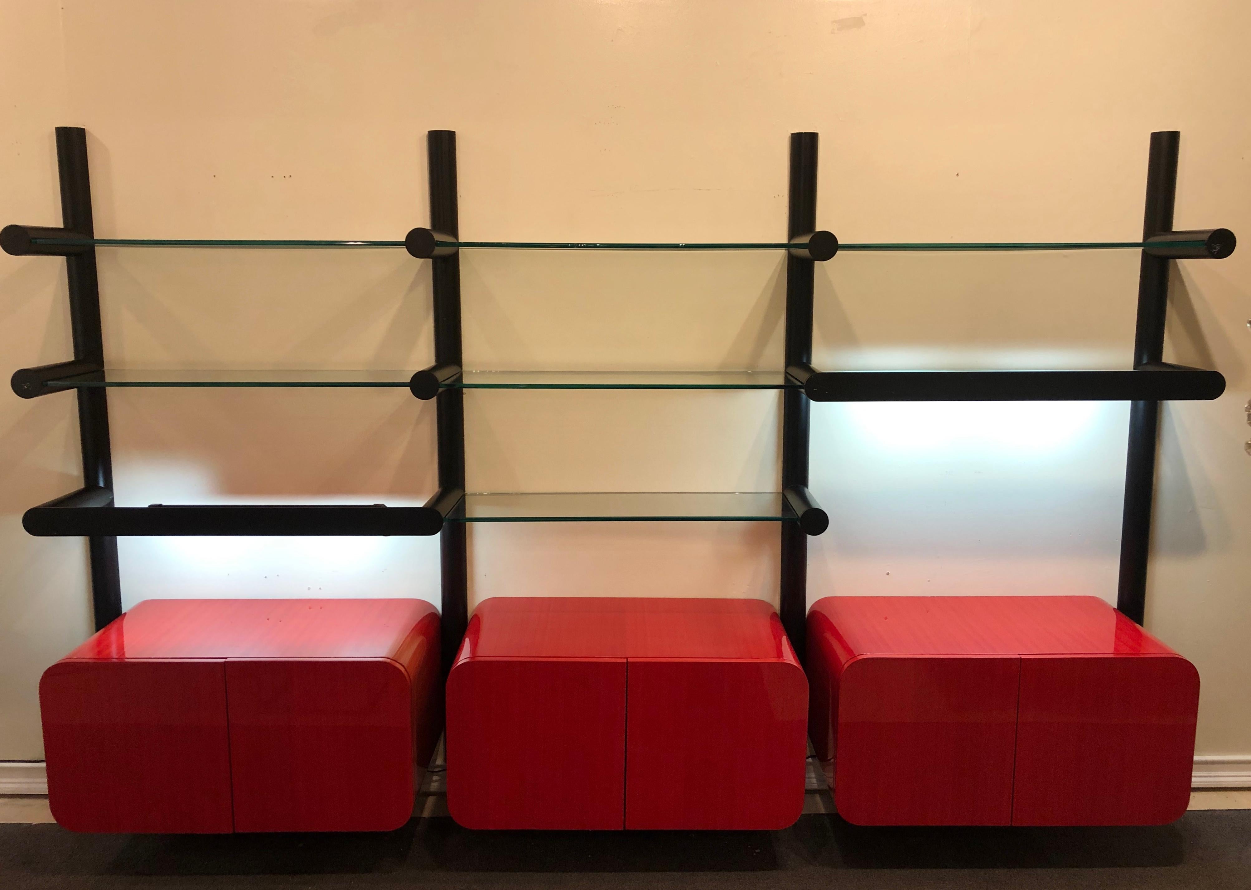 Janet Schwietzer, Pace, Modern Obra Bookshelf, Red Lacquer, Steel, glass, 1990s For Sale 2