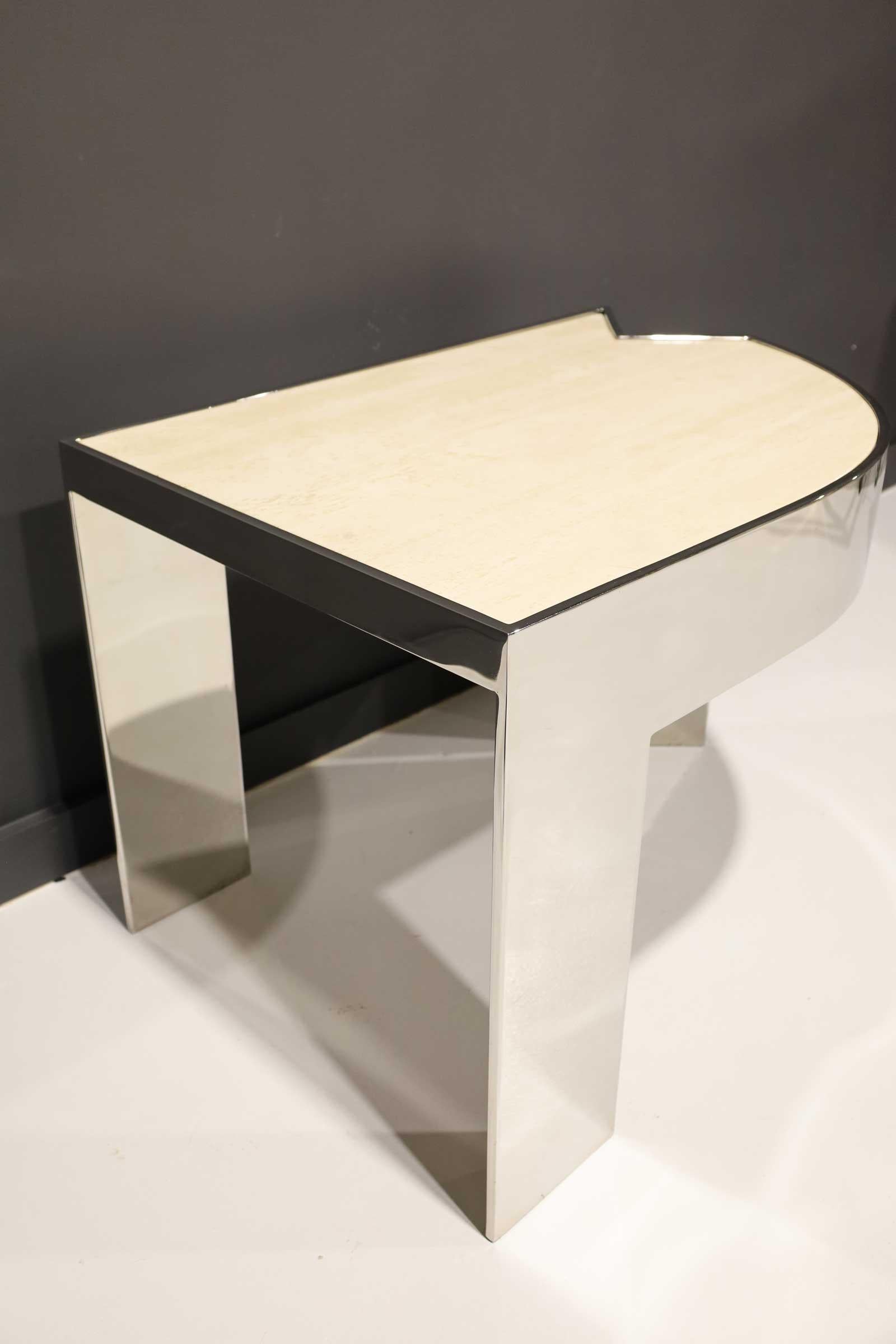 Pace Collection Polished Steel and Travertine Side Table Rare 2
