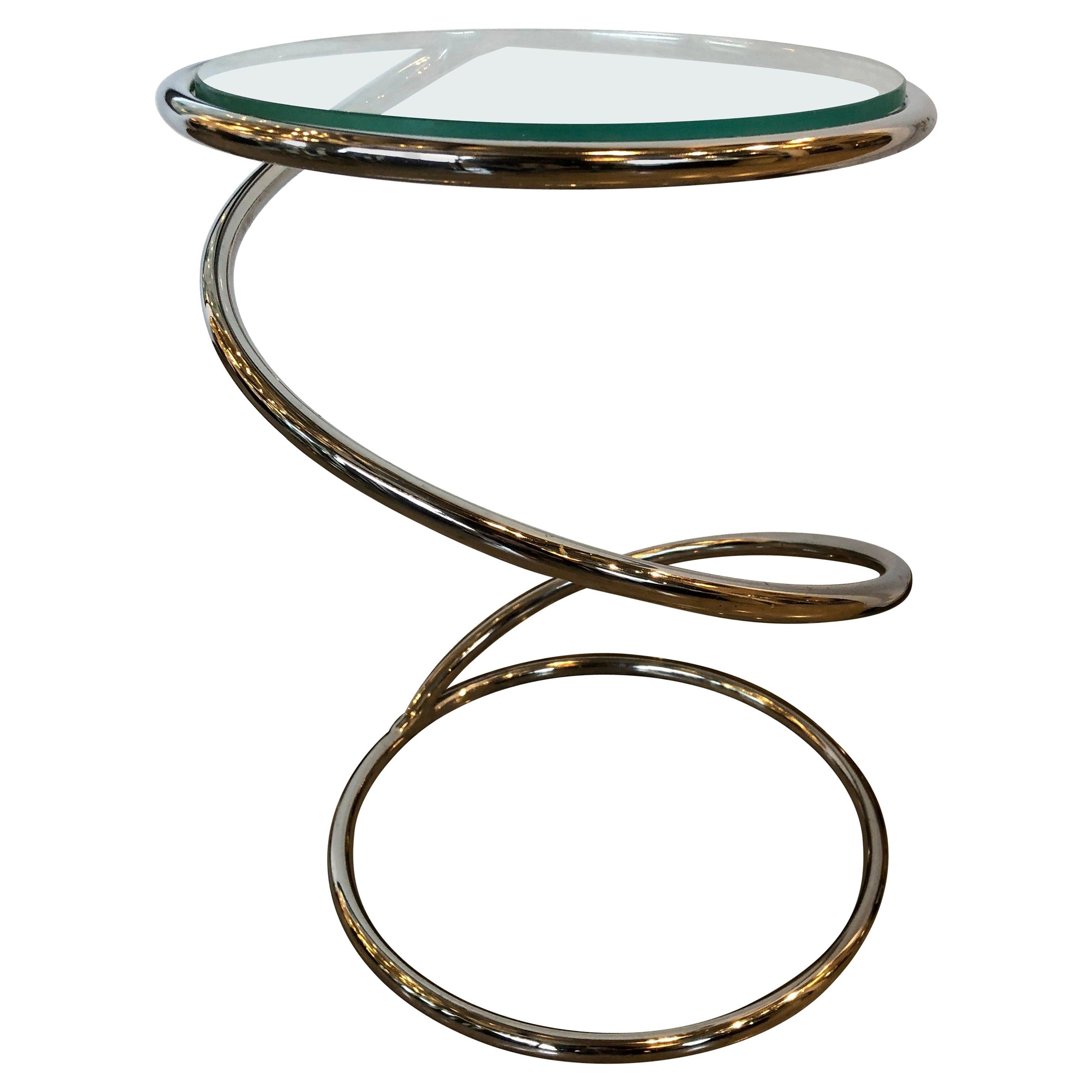 Pace Collection Round Chrome "Spring" Shaped with Inset Glass Top Side/End Table